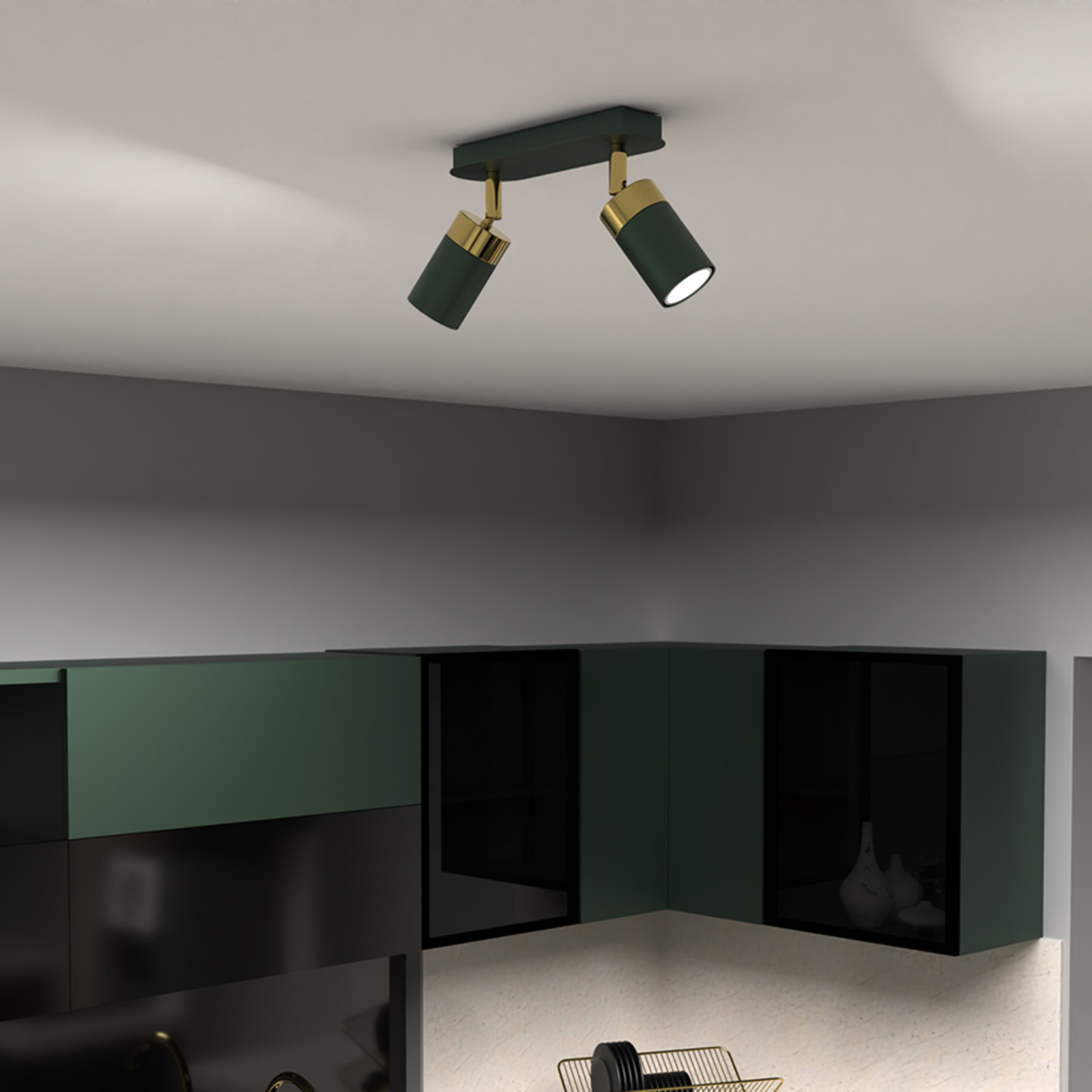 Spot pour plafond Joker, vert/doré, à 2 lampes