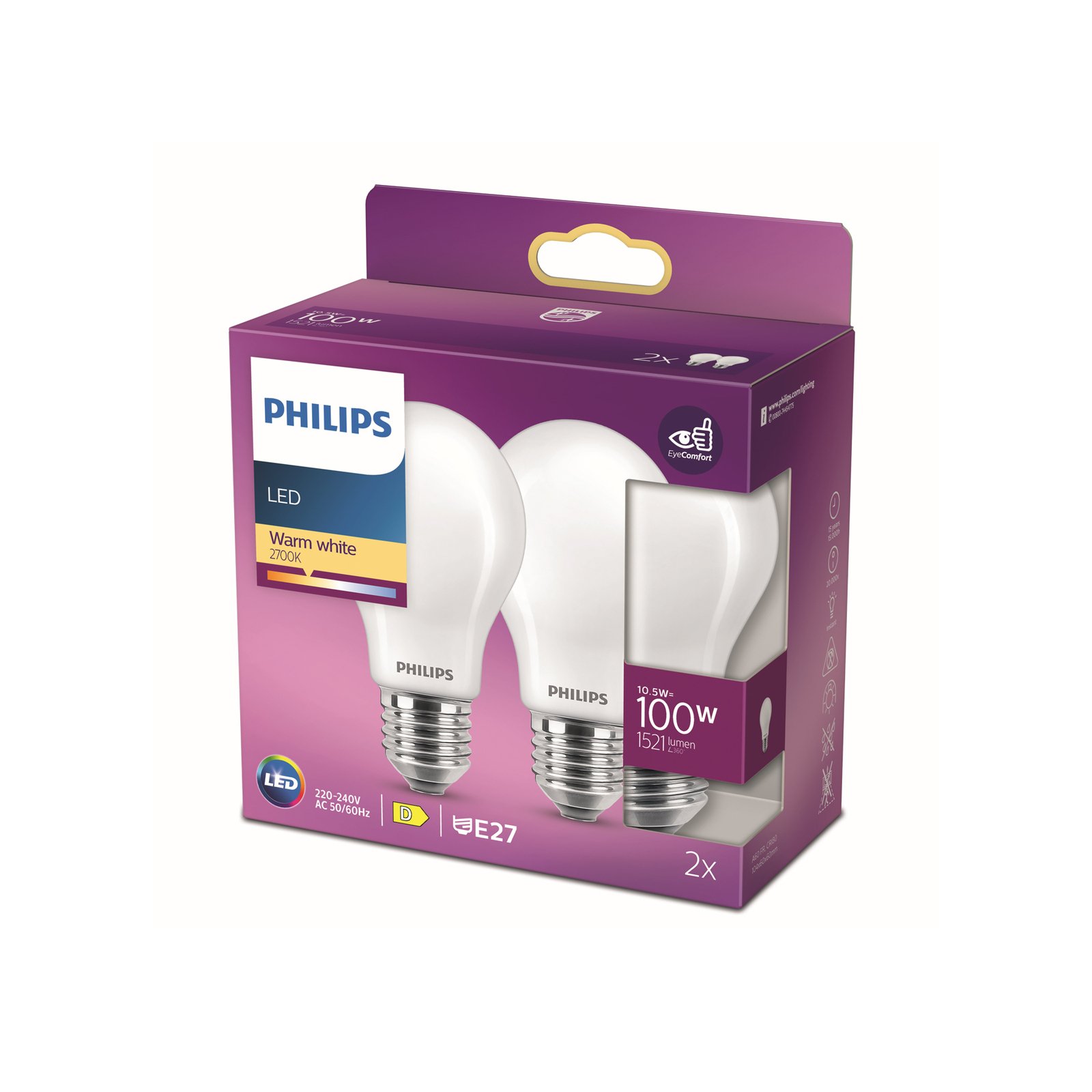 Philips LED-lamppu E27 10,5W 2700K opaali 2 kpl