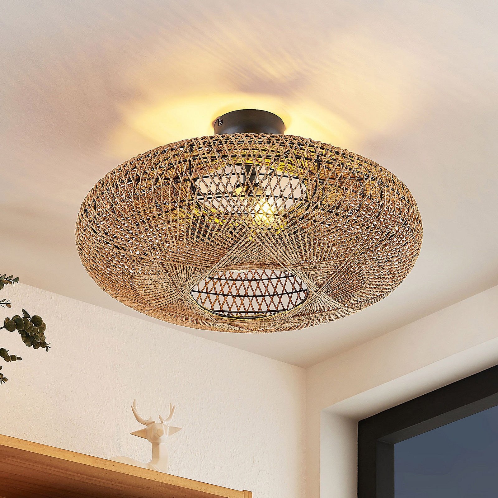 Lindby Melvios plafonieră din șnur de sisal - Camera de zi / sufragerie - Scandinavă - maro negru - Metal