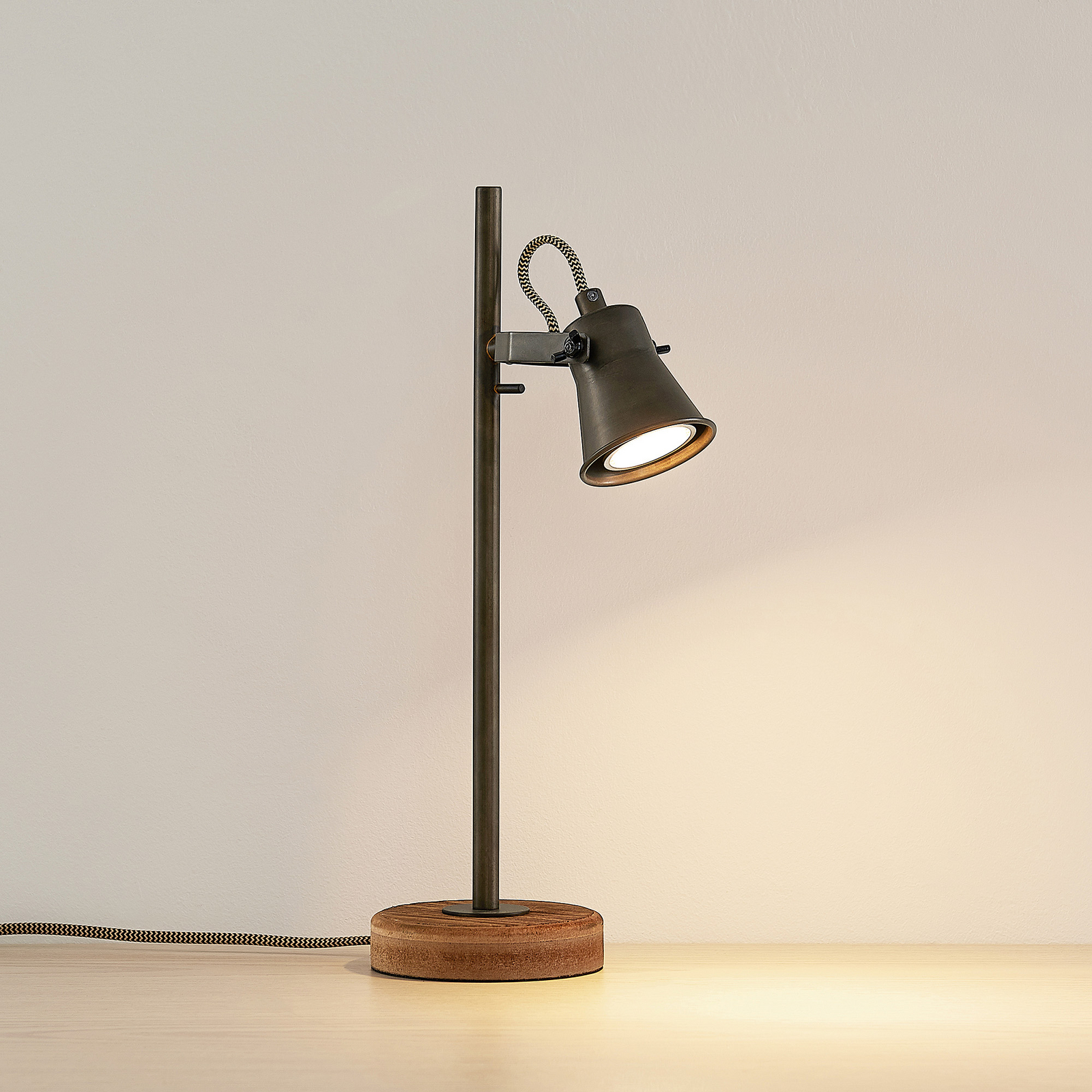 Lindby Grandesa table lamp, wooden base Lights.ie