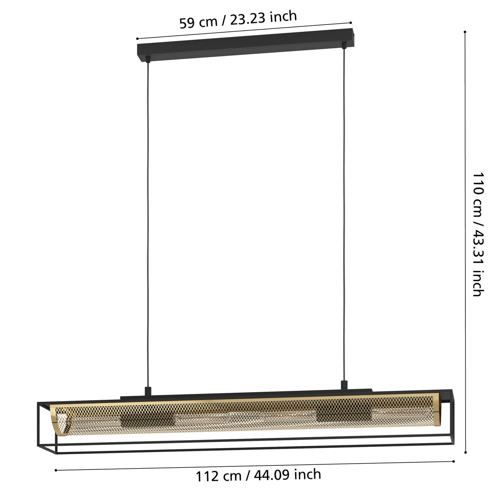 Lampada a sospensione Nohales, 112 cm, nero/ottone, a 4 luci. Lampada a sospensione Nohales, 112 cm, nero/ottone, a 4 luci.