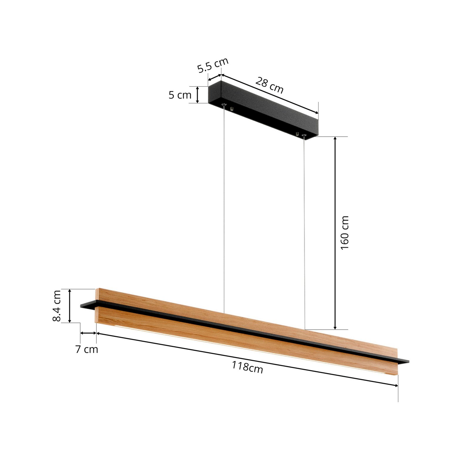 Quitani LED-Pendellampe Lexa, eiche/schwarz, Länge 118 cm