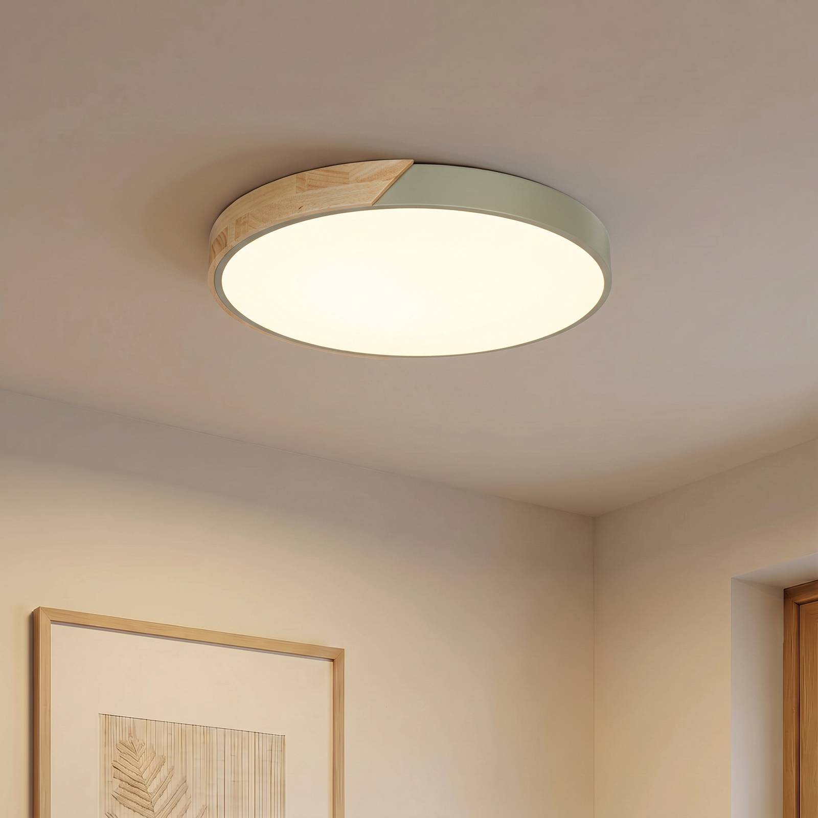 PRIOS LED plafondlamp Lynorri, Ø 52 cm, groen, houtdecor