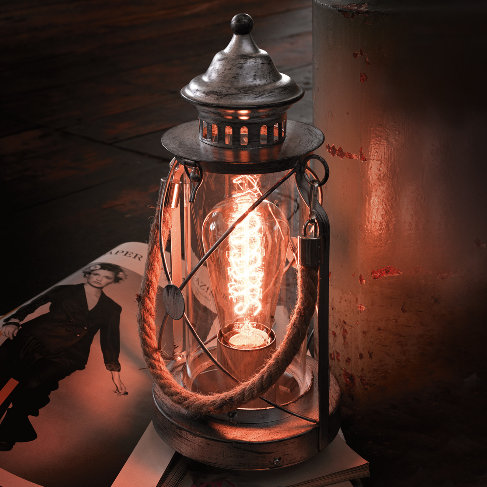Heldere lantaarn tafellamp Kirian zilver-antiek