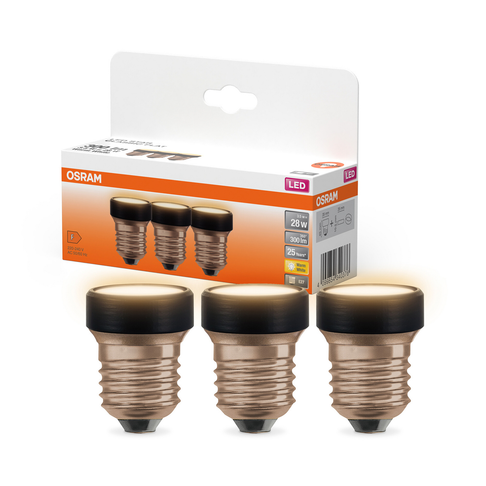 OSRAM LED-lampa Star Flat E27 3,5W 827 3-pack