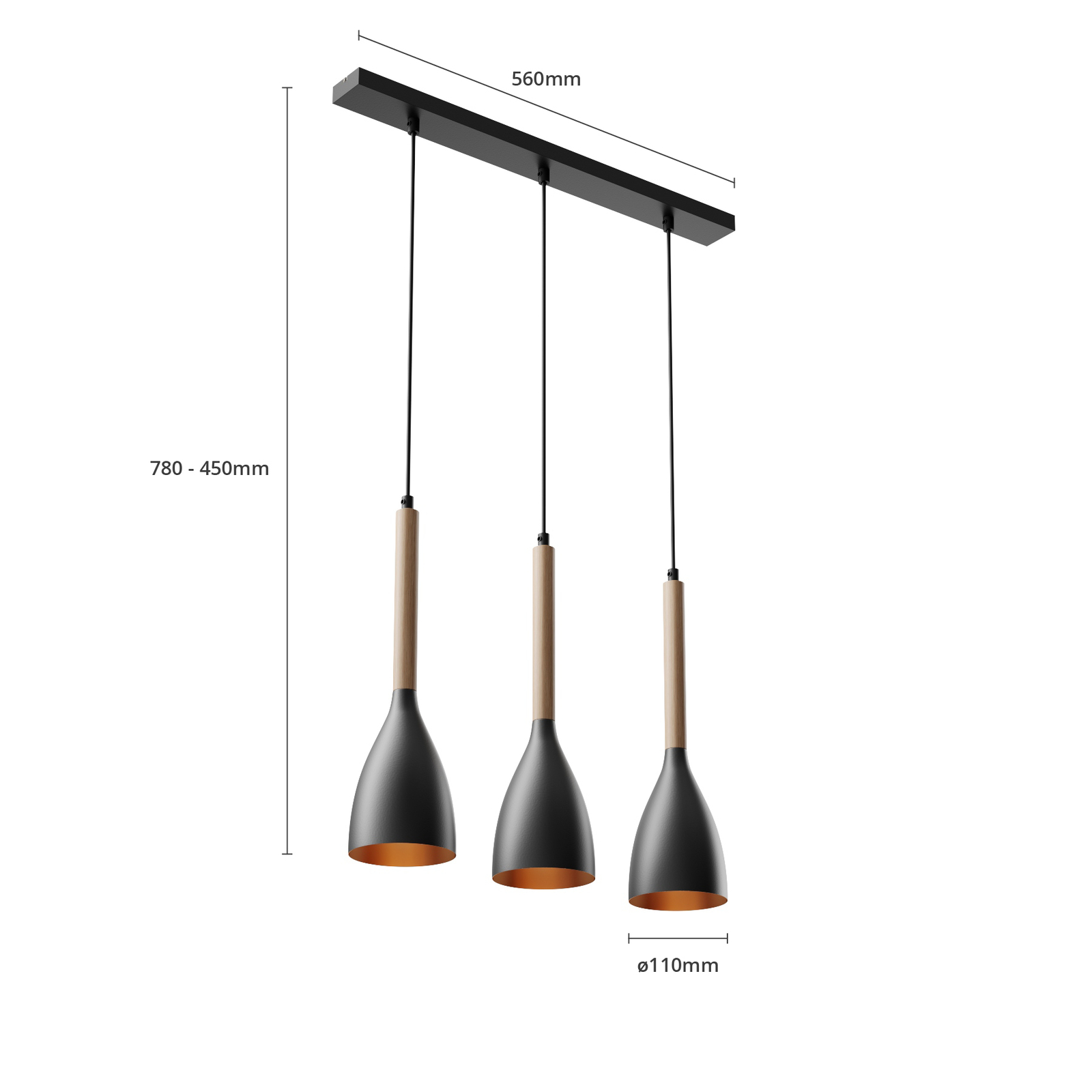 Muza 3-bulb pendant light long black/light wood
