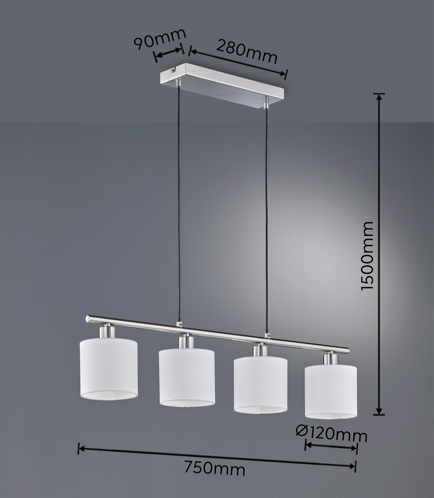 Tommy hanglamp, nikkel/wit, lengte 75 cm, 4-lamps, stof