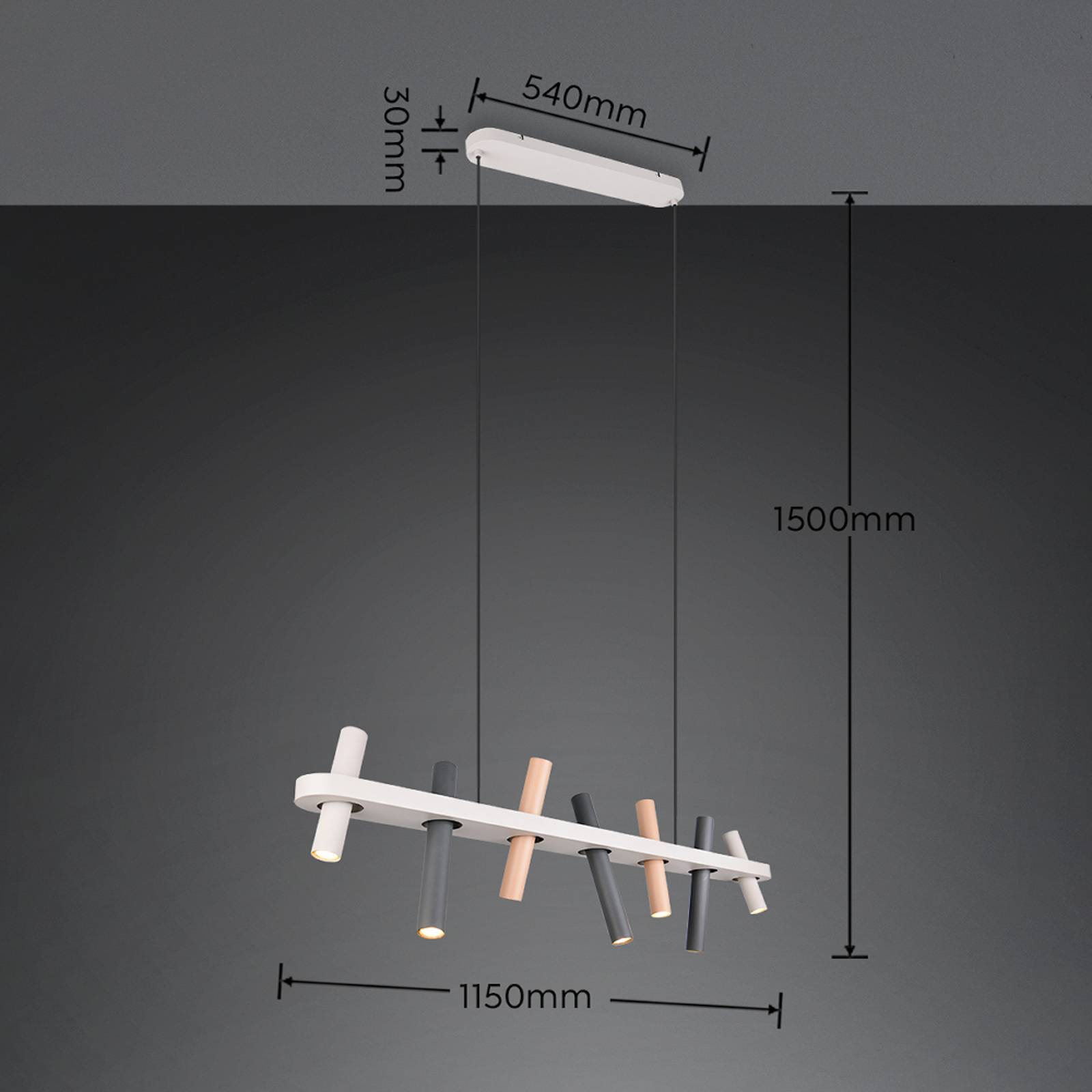 Hengelampe Terloa, flerfarget, lengde 115 cm, metall, 7 lyskilder.