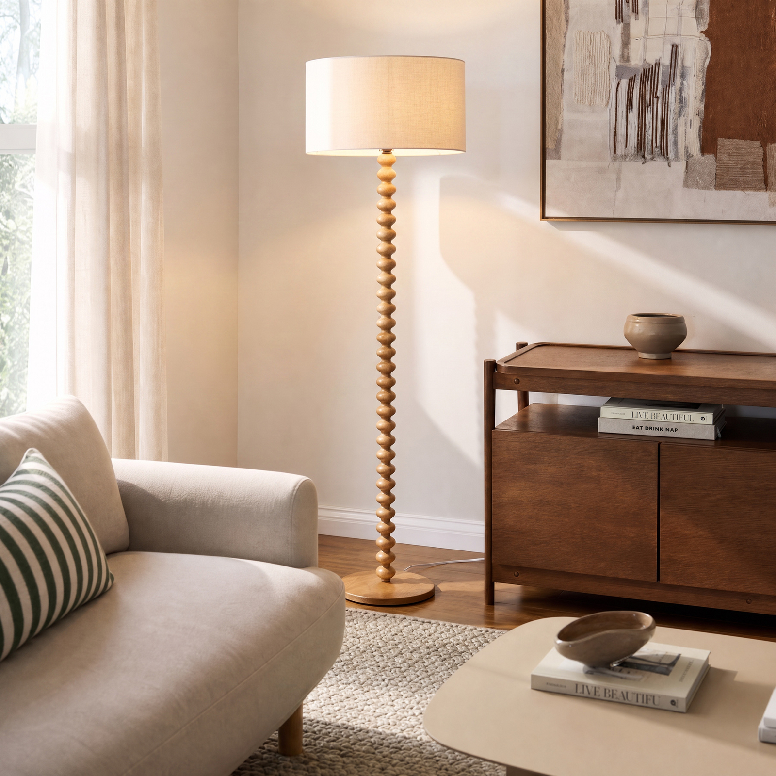Lampe sur pied Karlie, blanc, bois, hauteur 155 cm, E27 - Lucande Lampe sur pied Karlie, blanc, bois, hauteur 155 cm, E27 - Lucande