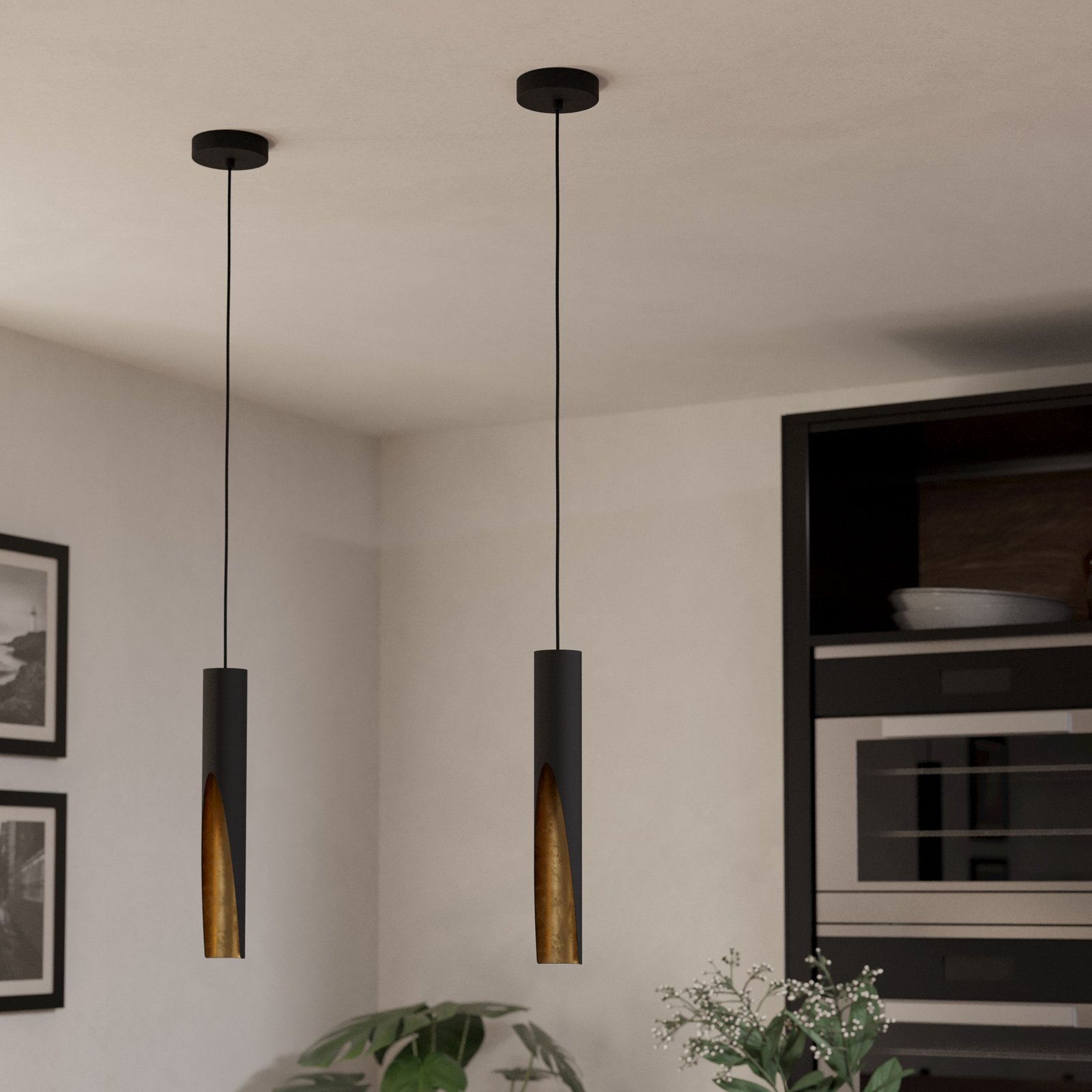 LED-hengelampe Barbotto i svart/gull, 1 lyskilde