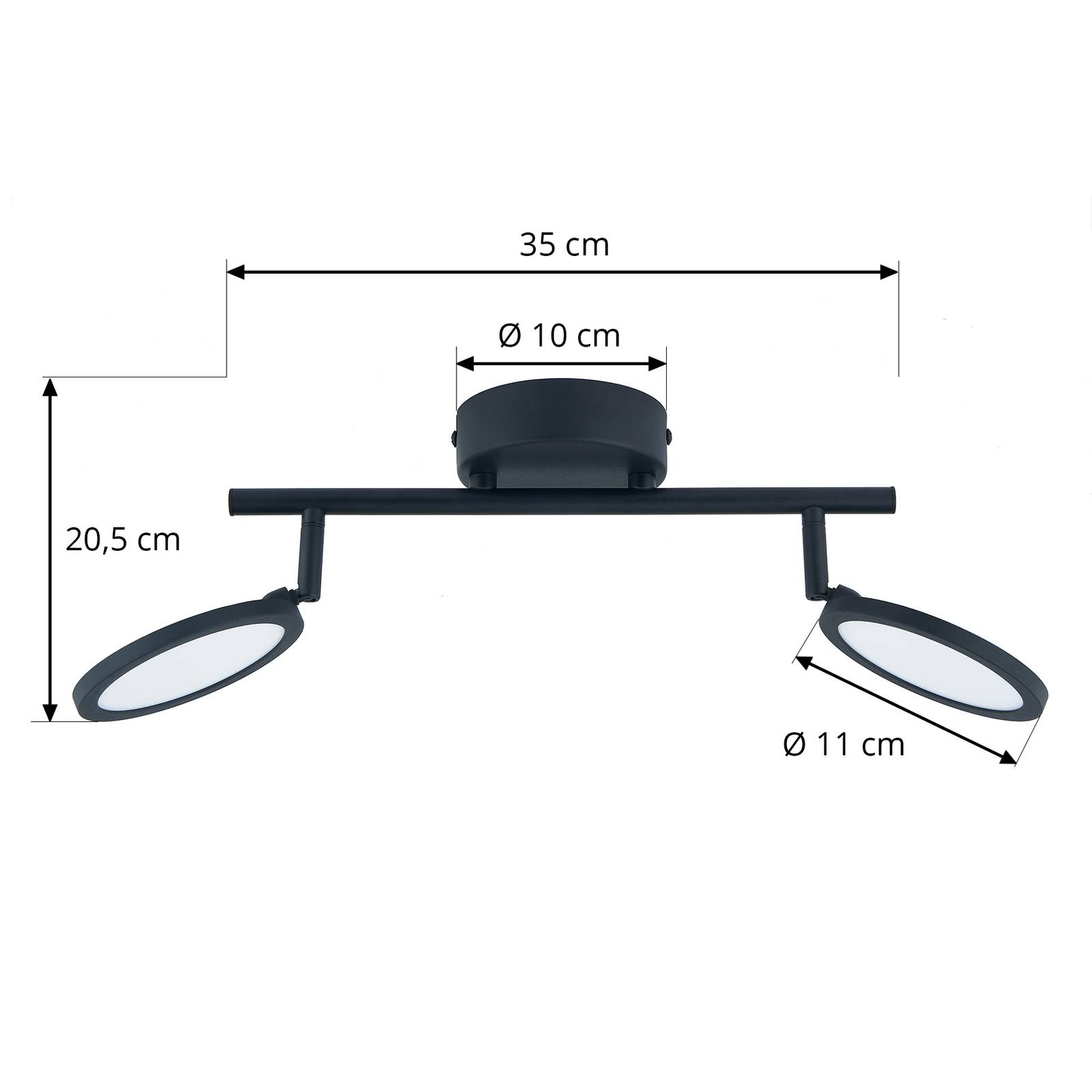 Lindby LED spot Manel, czarny, żelazo, 35 cm długości, 2-punktowa.