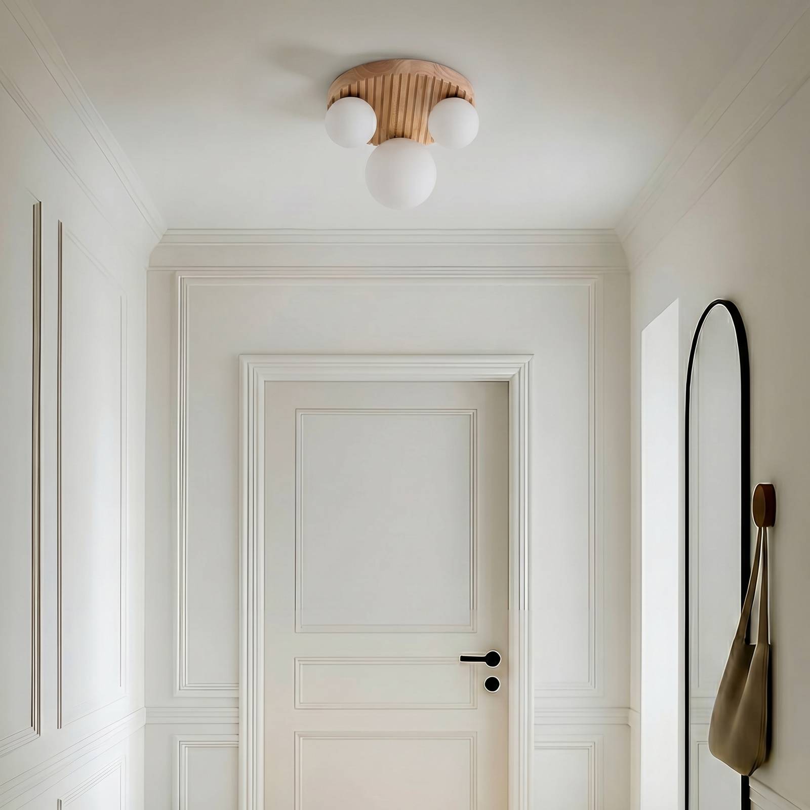 Lampa sufitowa Lindby Mori, Ø34 cm, G9, naturalny/biały, drewno/szkło