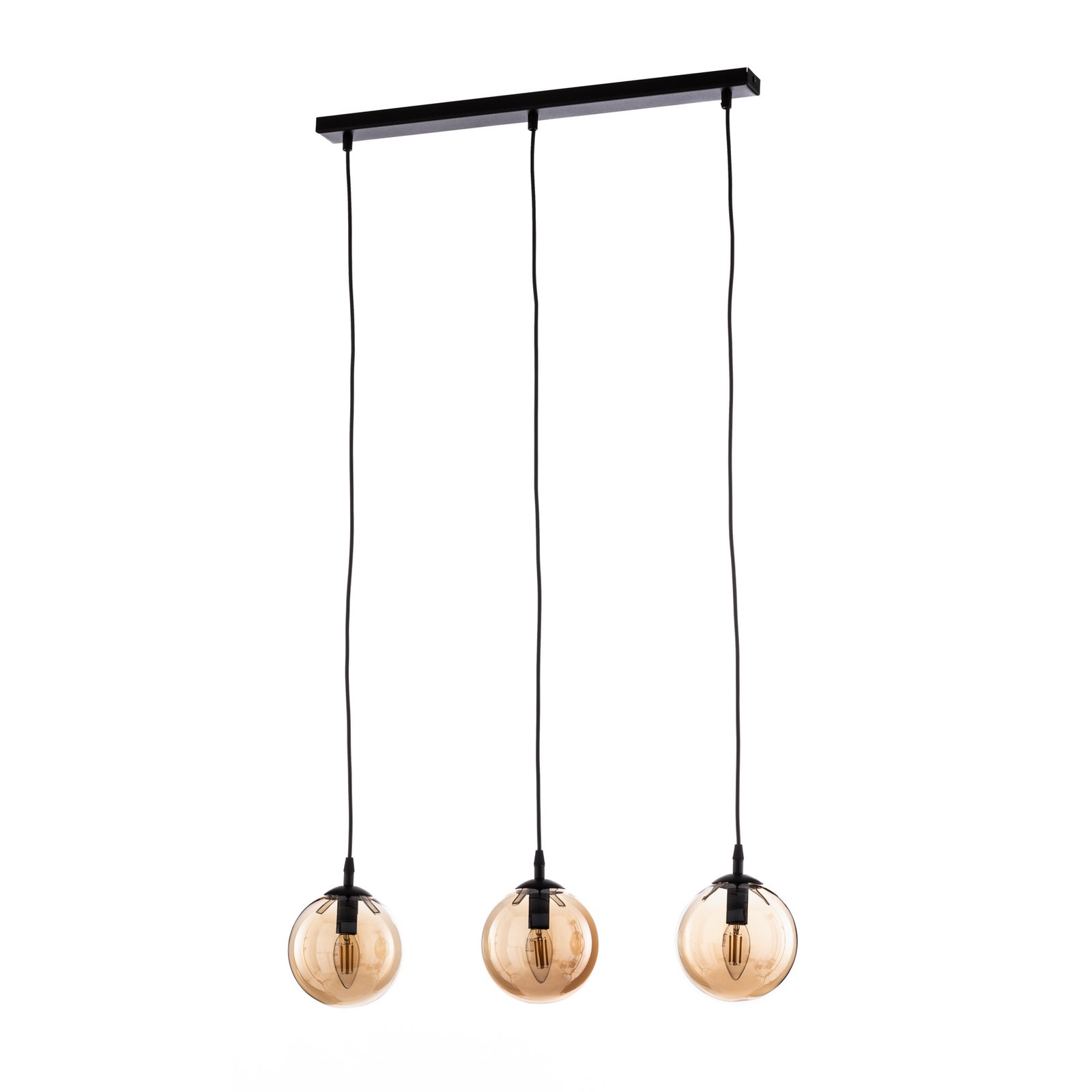 Glassy pendant light, 3-bulb, straight, black, amber, glass