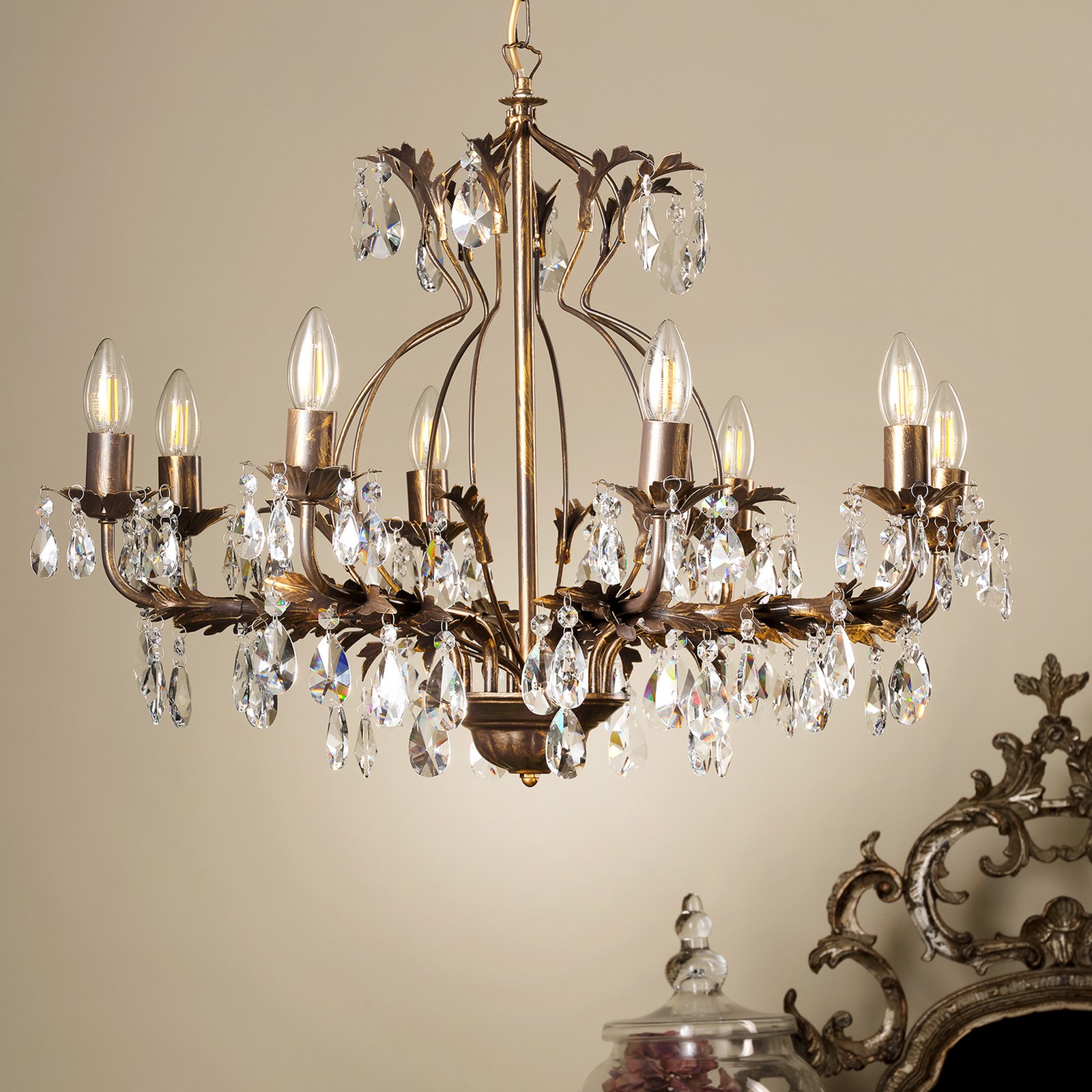 Chandelier Teresa, 12-bulb, bronze-coloured, crystal