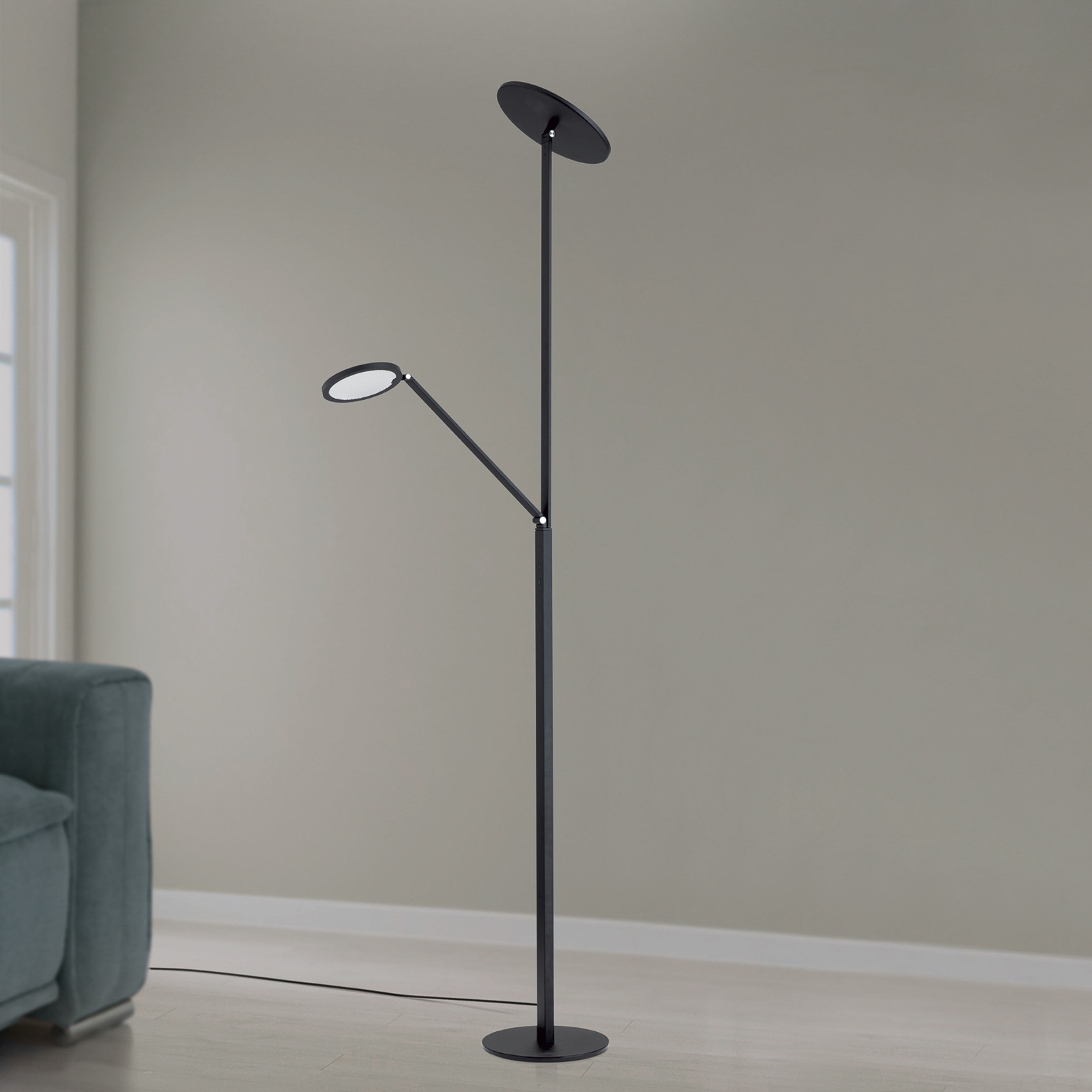 Candeeiro de pé LED Fati, altura 181 cm, alumínio, luz de leitura,