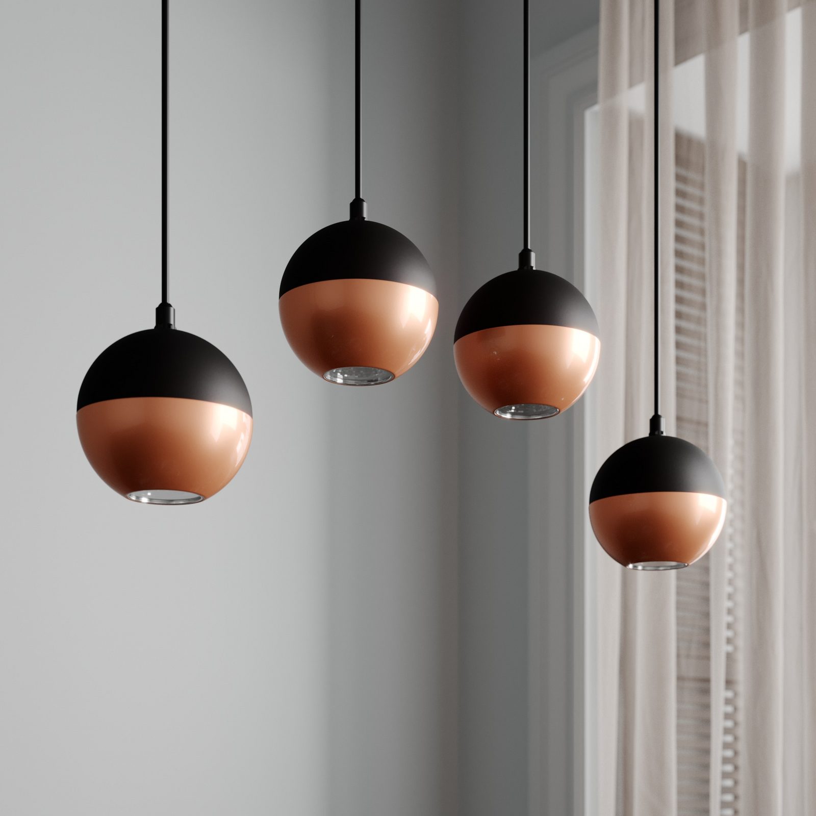 Lámpara colgante Midway negro/cobre 4 luces largo Lampara.es