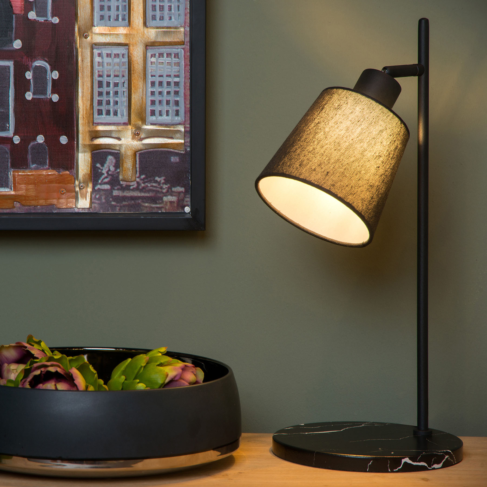 Lucide Pippa table lamp with a fabric lampshade, black, for Living / Dining Room, linen, wood, metal, E27, 25 W, energy efficiency: A++, W: 20 cm, H: 45 cm