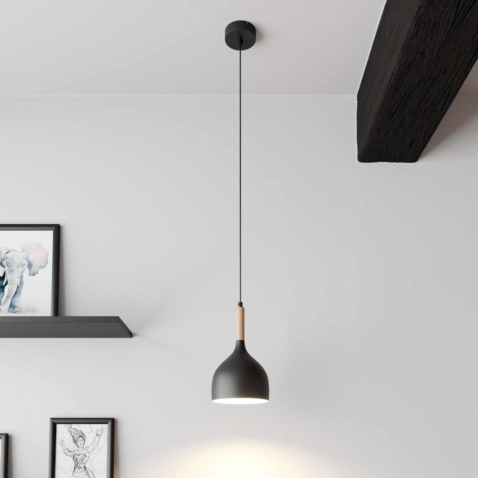 Lámpara colgante Noak, 1 luz, negro/madera natural