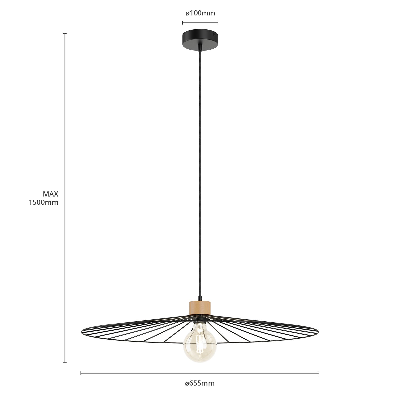 Envostar Yahel hanglamp, eiken/zwart, Ø 65cm