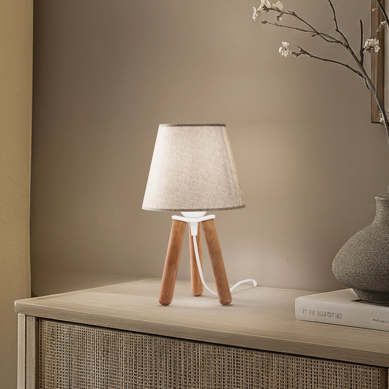 Laualamp Dona, beež/puuvärvi, kangas, puit, kolmjalg