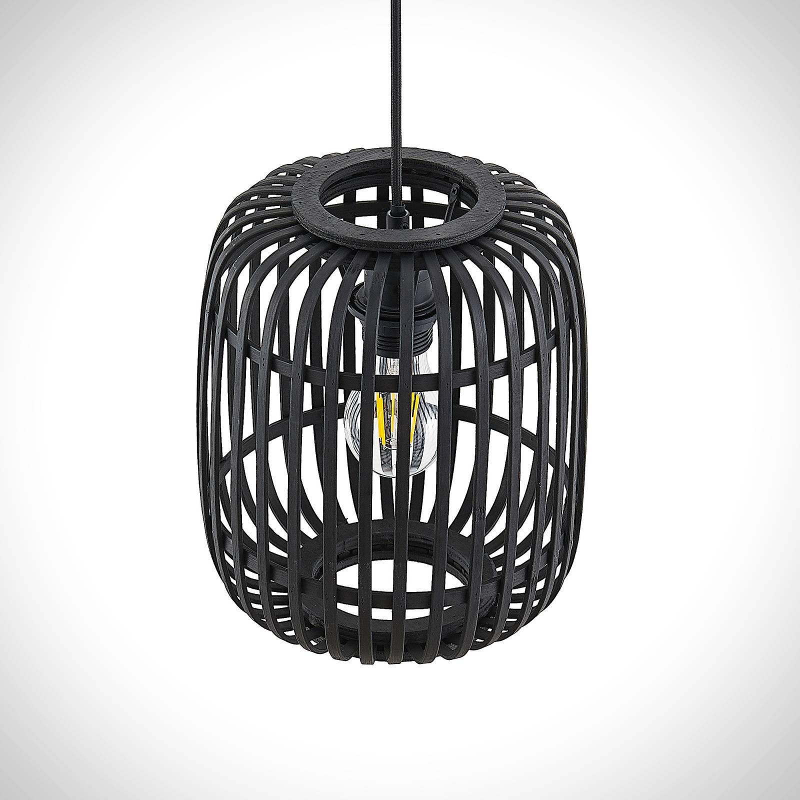 Lampa wisząca Lindby Canyana, czarna, rattan, Ø 22 cm