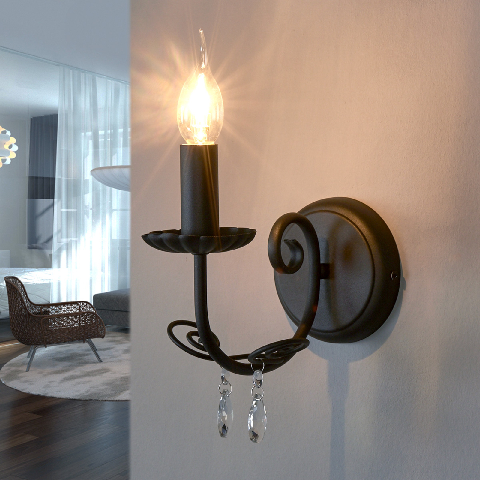 Lindby Wall light Sophina with chandelier style, for Living / Dining Room, metal, crystal, E14, 40 W, energy efficiency: A++, W: 12 cm, H: 25 cm
