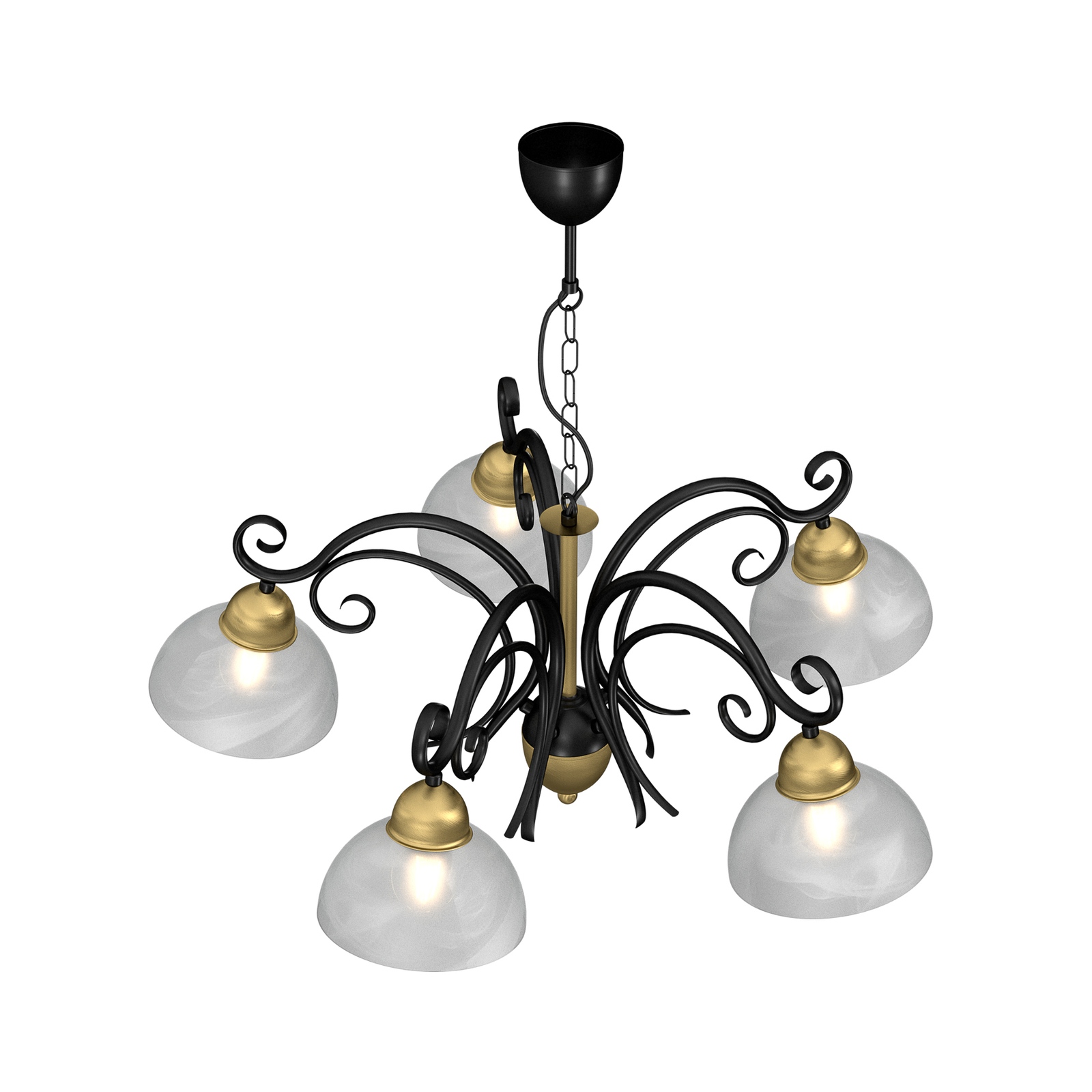 Flora chandelier, 5 glass lampshades, black/brass
