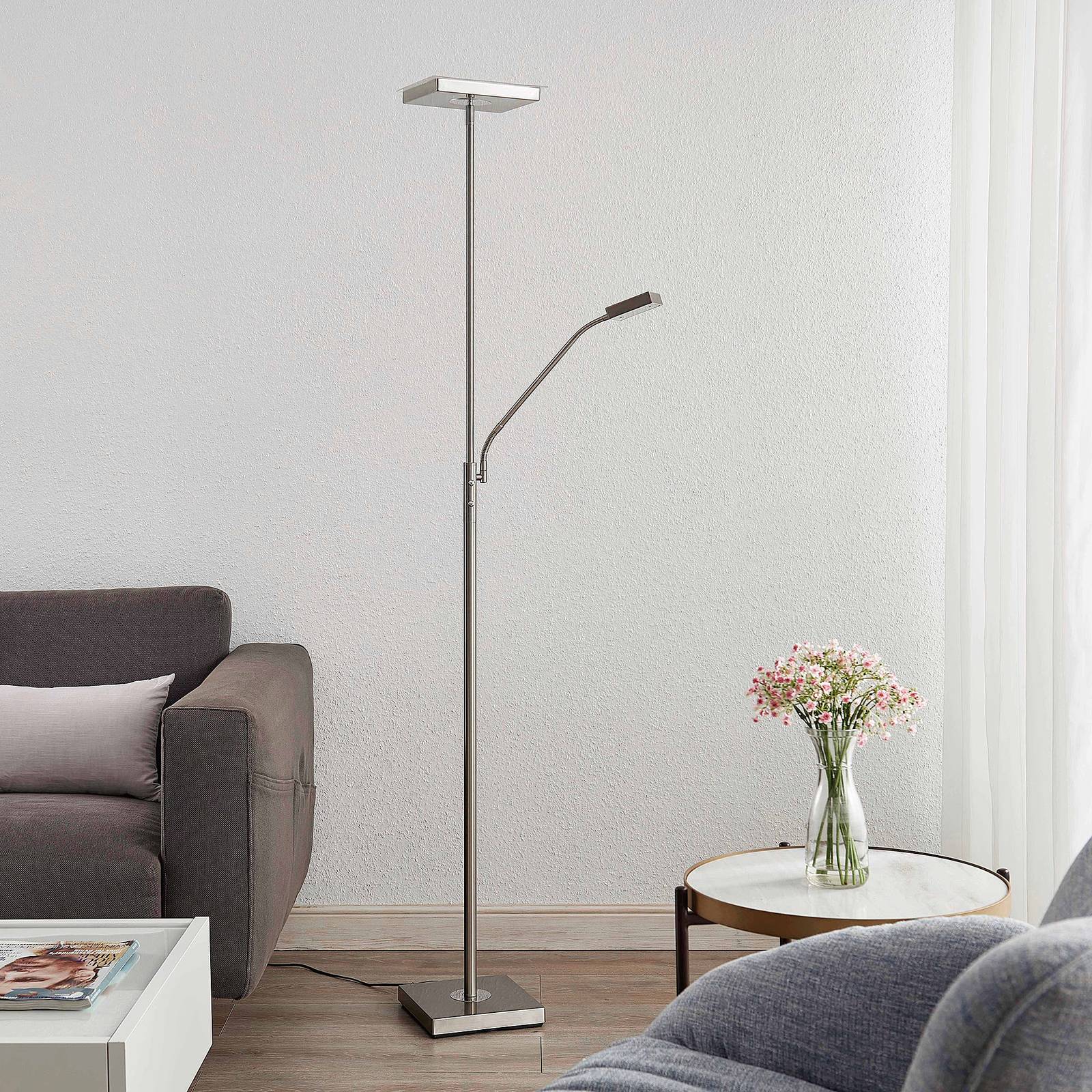 Lampa stojąca LED Sumani, kątowa, nikiel, wysokość 180 cm