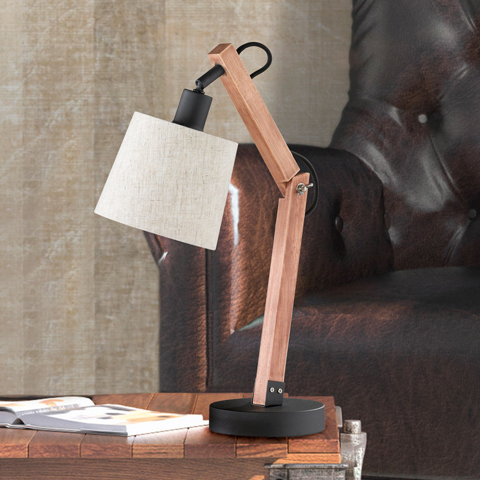 Trio Lighting Chic table lamp Janko in wood brown, for Living / Dining Room, wood, fabric, E14, 40 W, energy efficiency: A++, W: 14 cm, H: 44 cm