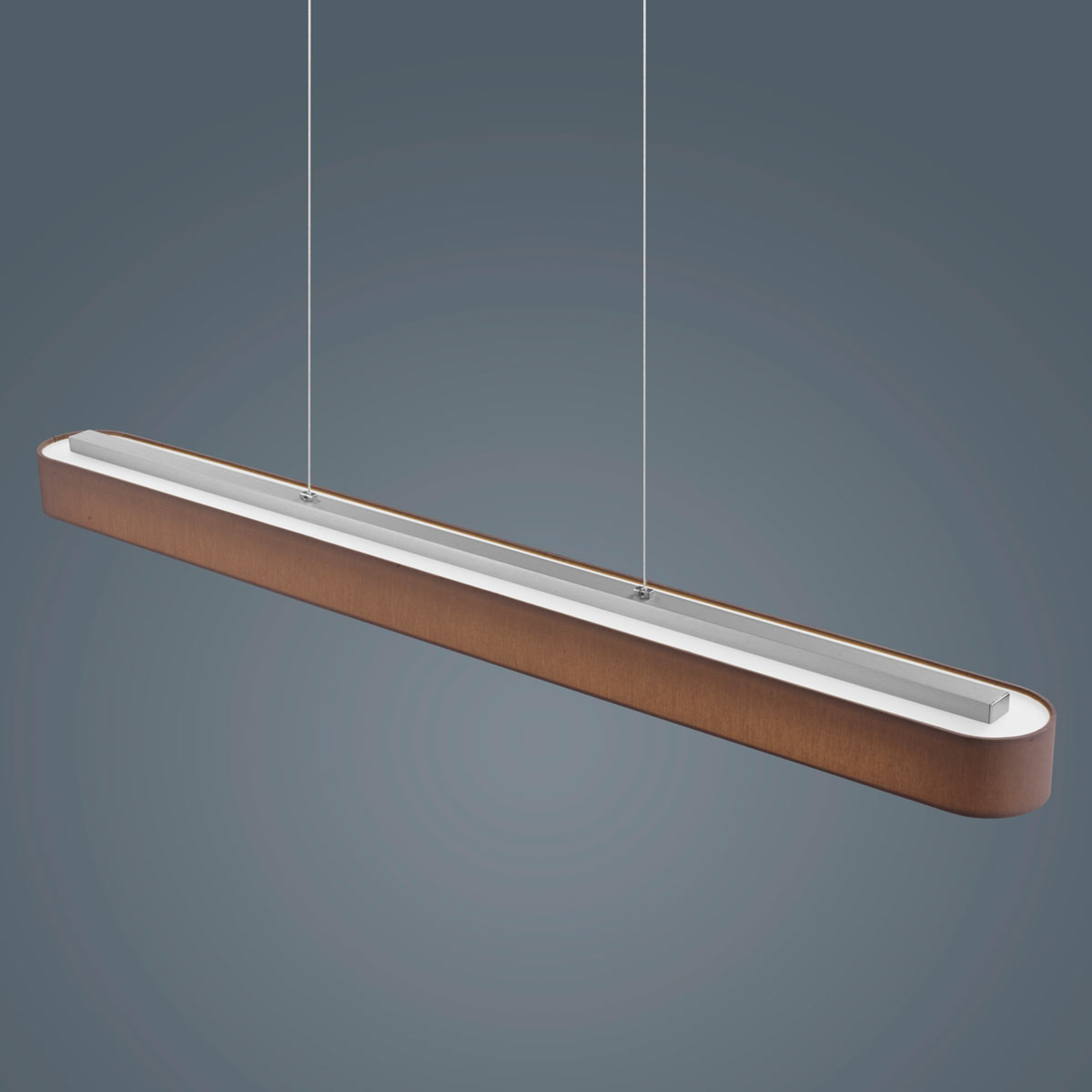 Helestra Bora height adjustable LED pendant light in brown, for Living / Dining Room, metal, fabric, acrylic, 30 W, energy efficiency: A+, L: 101.5 cm, W: 9 cm, H: 7 cm
