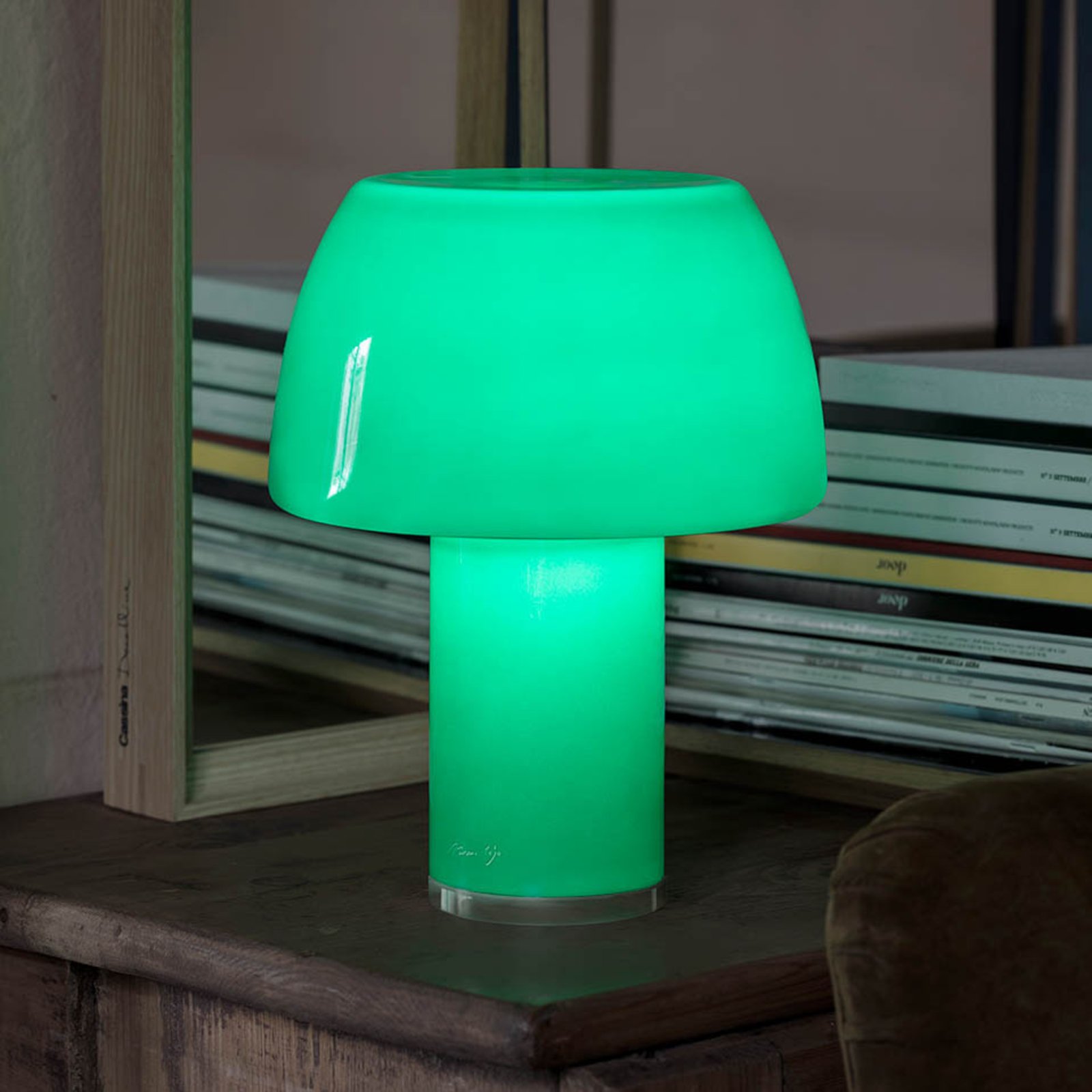 Nemo Lampe à poser LED rechargeable Lorosae, vert, verre, IP54, USB