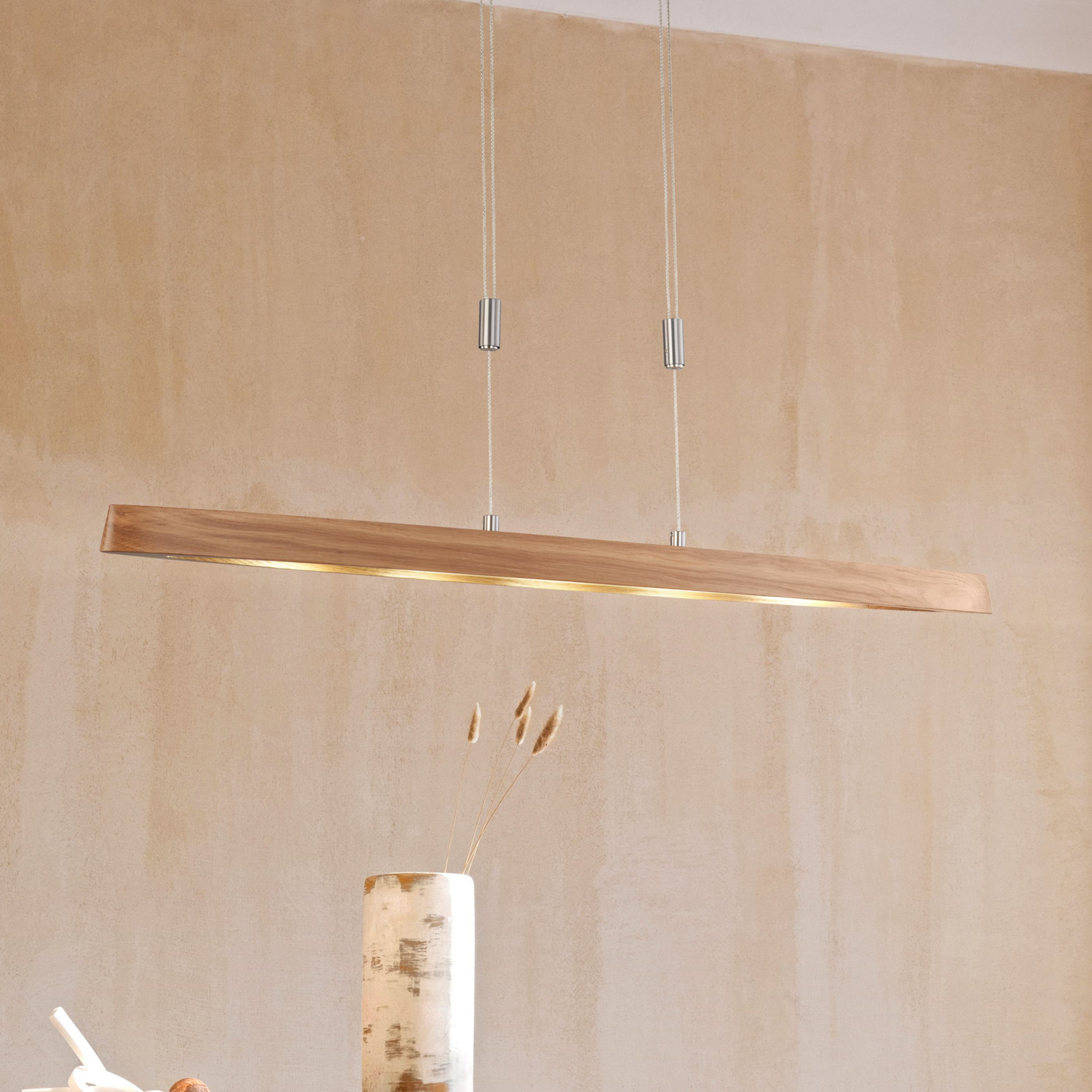 Závesné svietidlo LED Shine-Wood, dubové drevo/nikel, 106 cm, CCT
