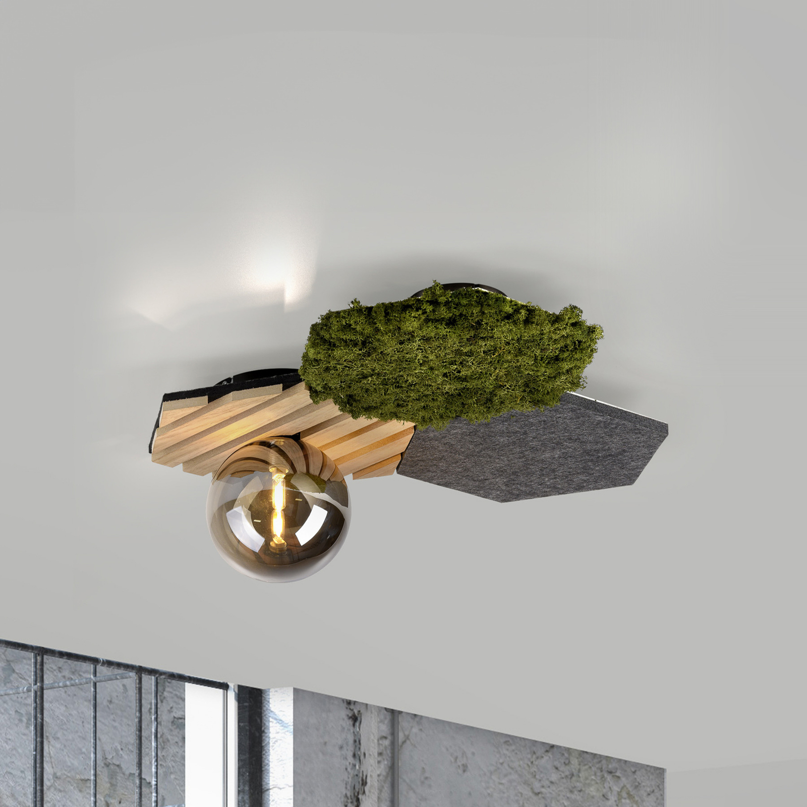 JUST LIGHT. Green Hex ceiling light, iron, wood, moss