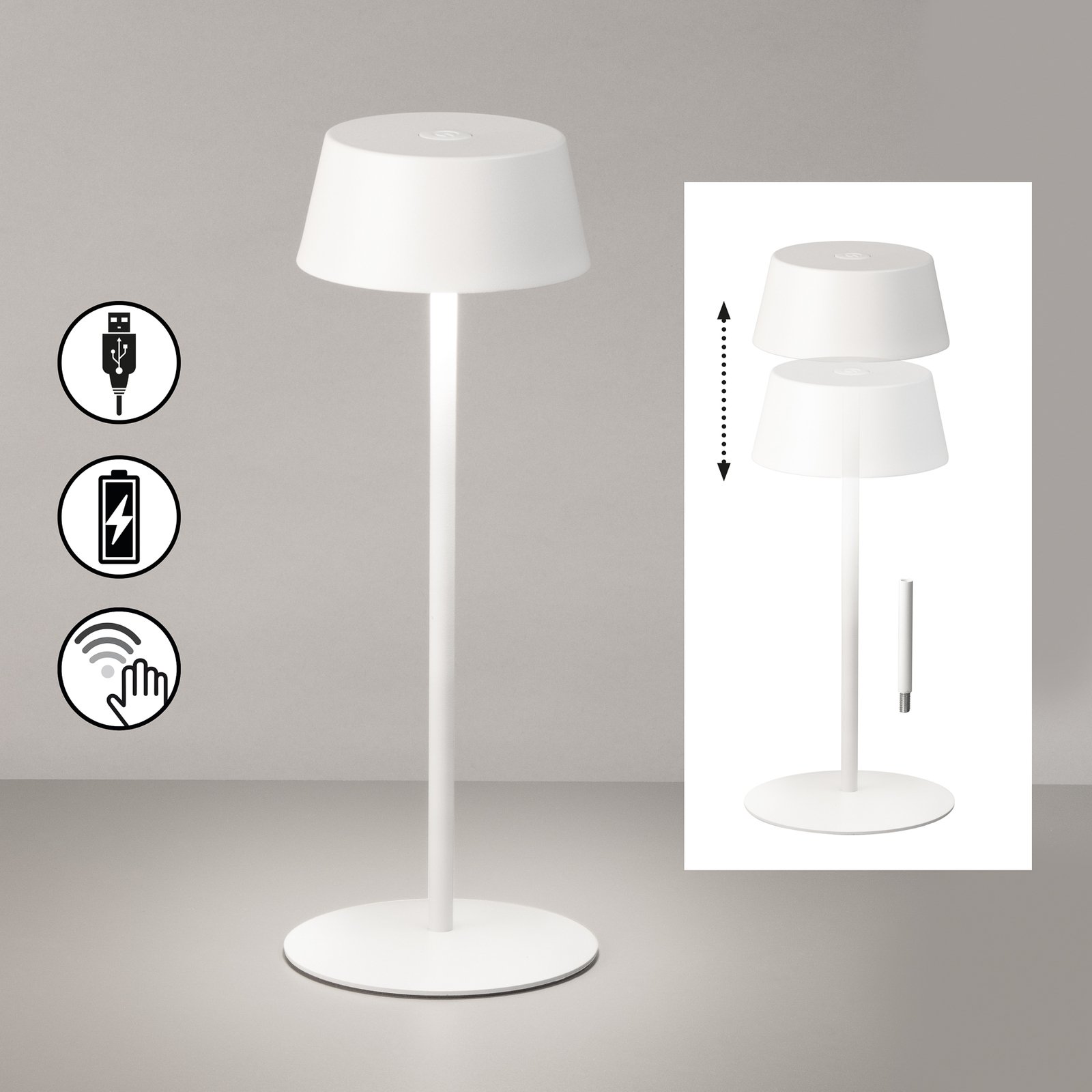 LED rechargeable table lamp Verona, white, dimmable, adjustable, IP54