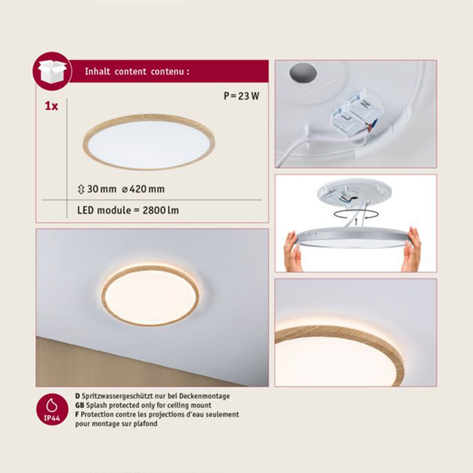 Atria Shine LED Griestu Lampa Ø42 IP44 3000K Wood - Paulmann