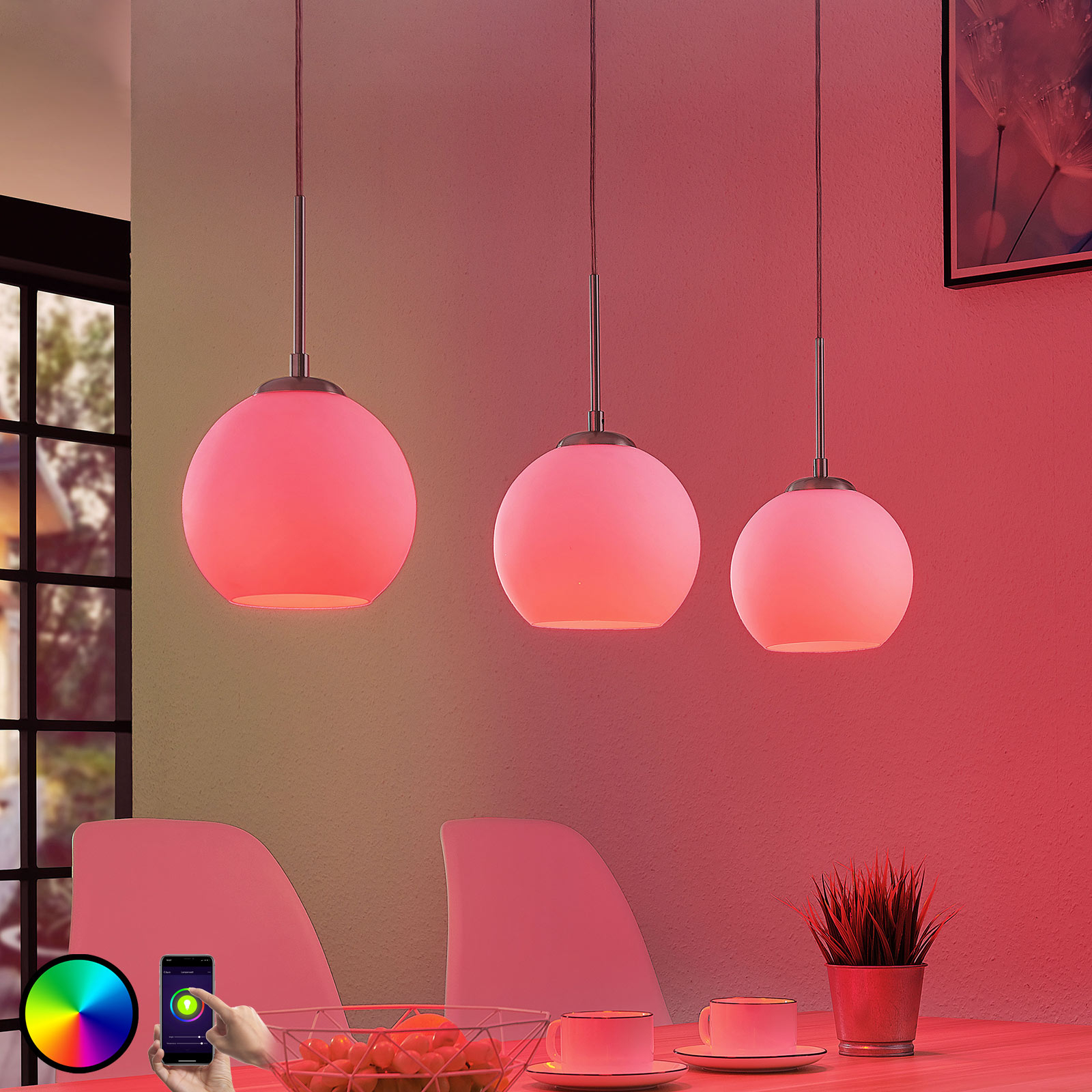 Lindby Smart Morrigan LED hanging lamp, app, for Living / Dining Room, glass, metal, E27, 10 W, energy efficiency: A+, L: 110 cm, W: 20 cm