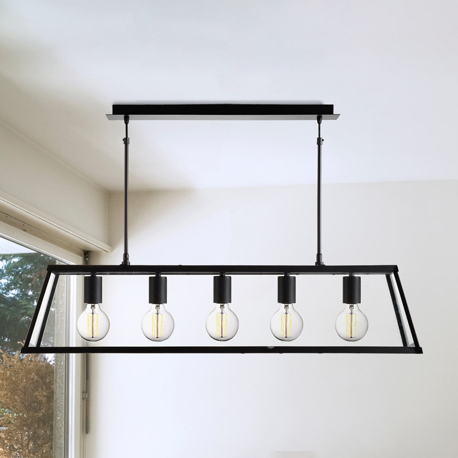 Searchlight Five-bulb lantern pendant light Voyager, for Living / Dining Room, metal, glass, E27, 10 W, energy efficiency: A++, L: 90 cm, W: 20 cm, H: 19.5 cm