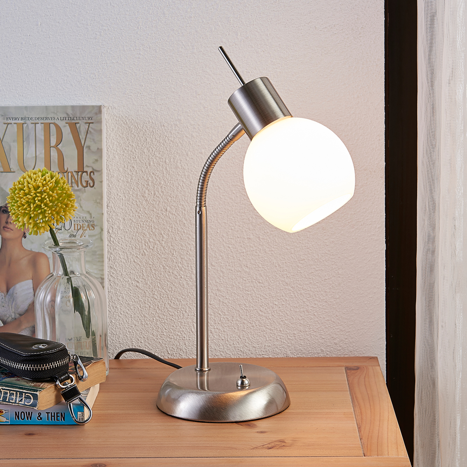 Manon LED table lamp, opal white glass lampshade