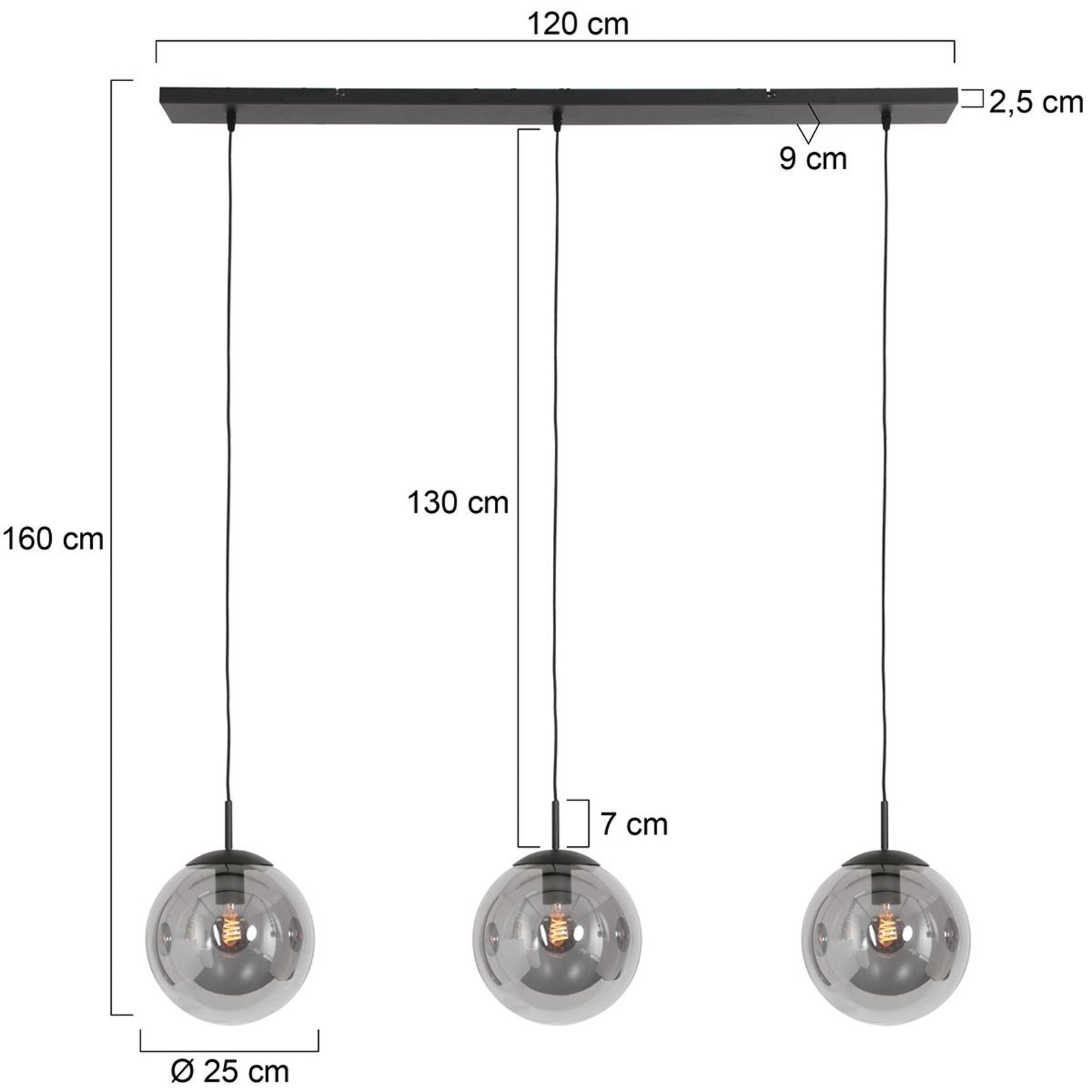 Bollique hengelampe, 3 lyskilder, lang, svart, glass