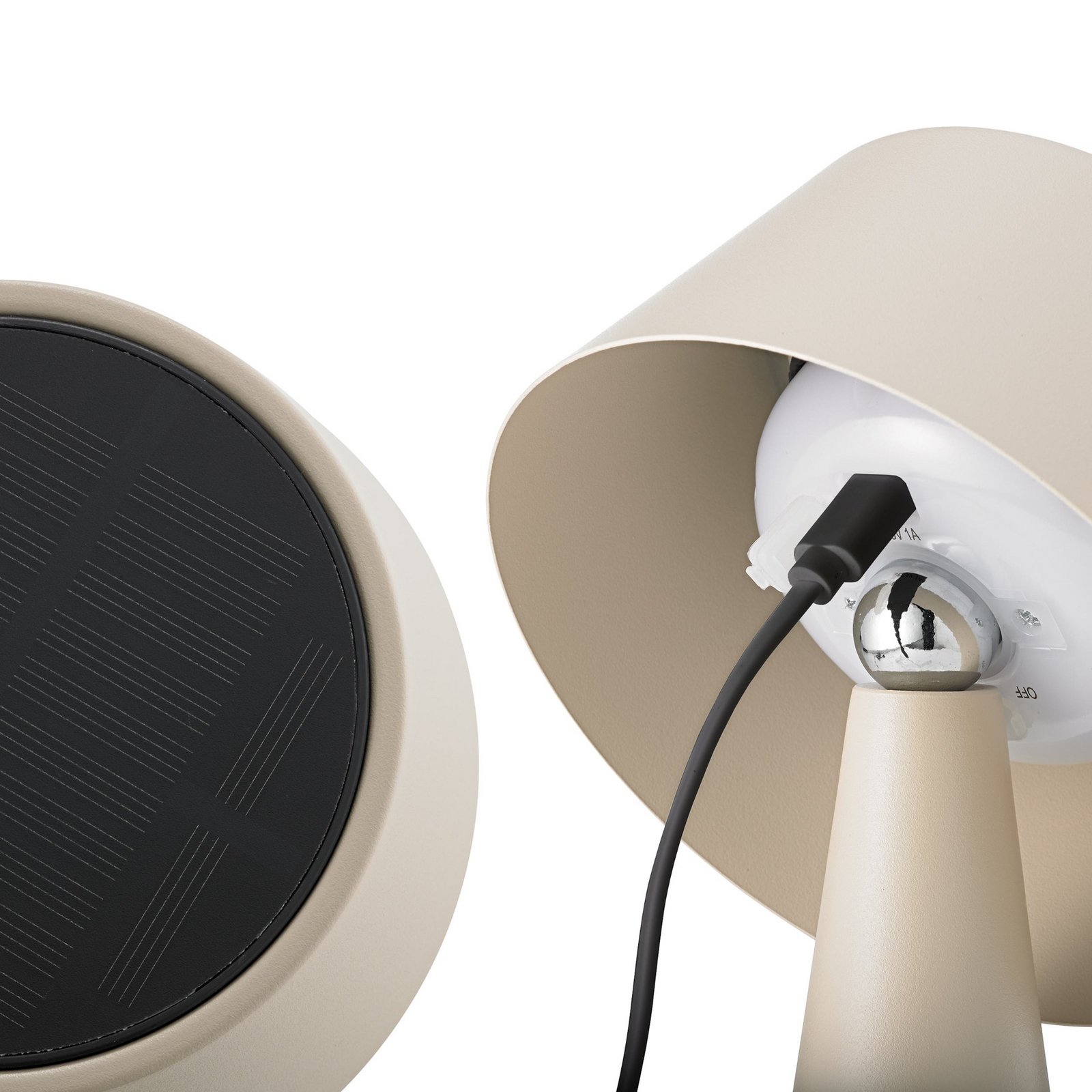 Lampa stołowa LED Solino, beżowa, zasilanie słoneczne/USB, 26 cm, IP44
