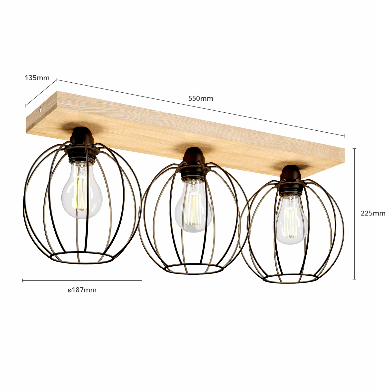 Plafondlamp Dorett, eikenhout, 3-lamps