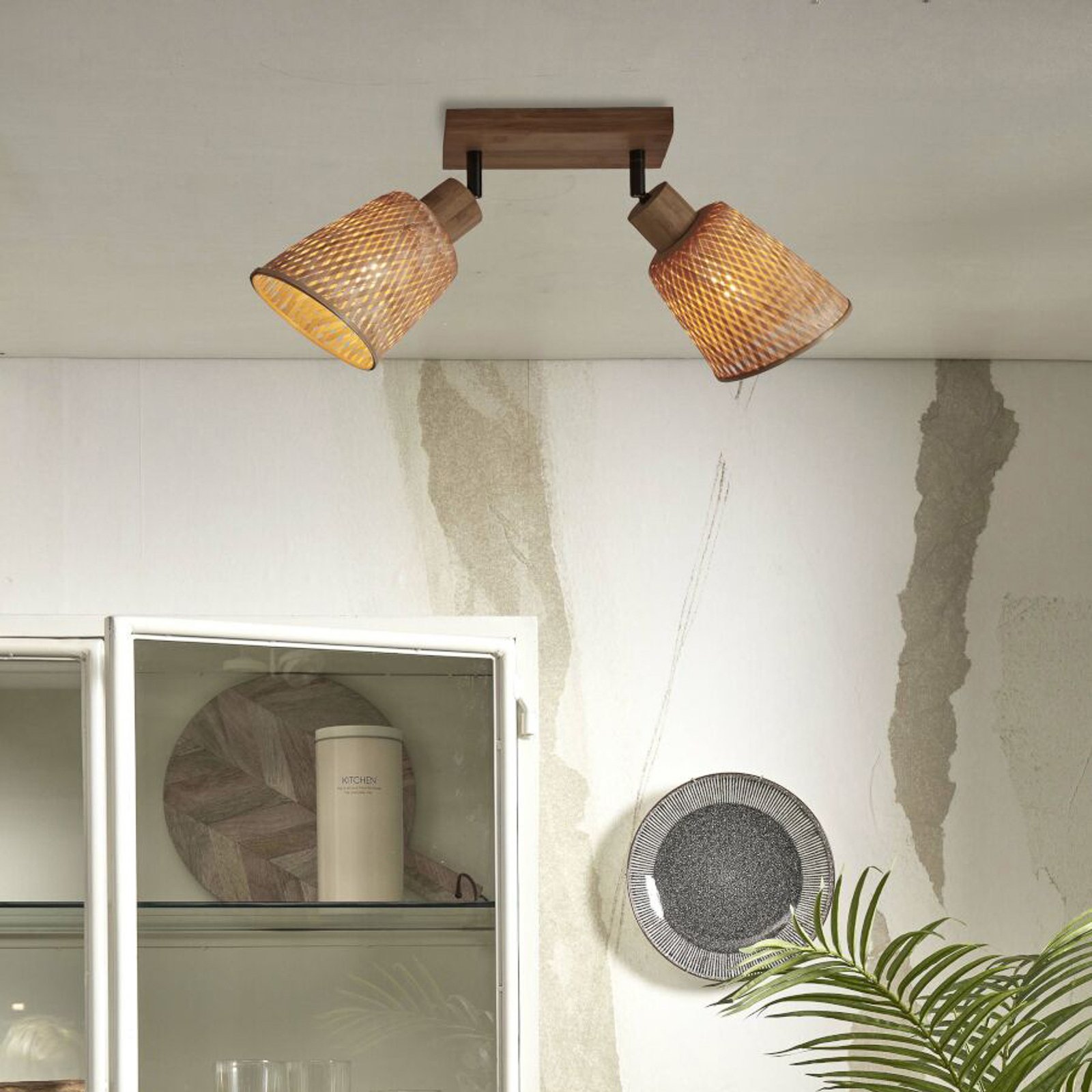 GOOD & MOJO Java ceiling light, bamboo, natural, 2-bulb, 24 cm