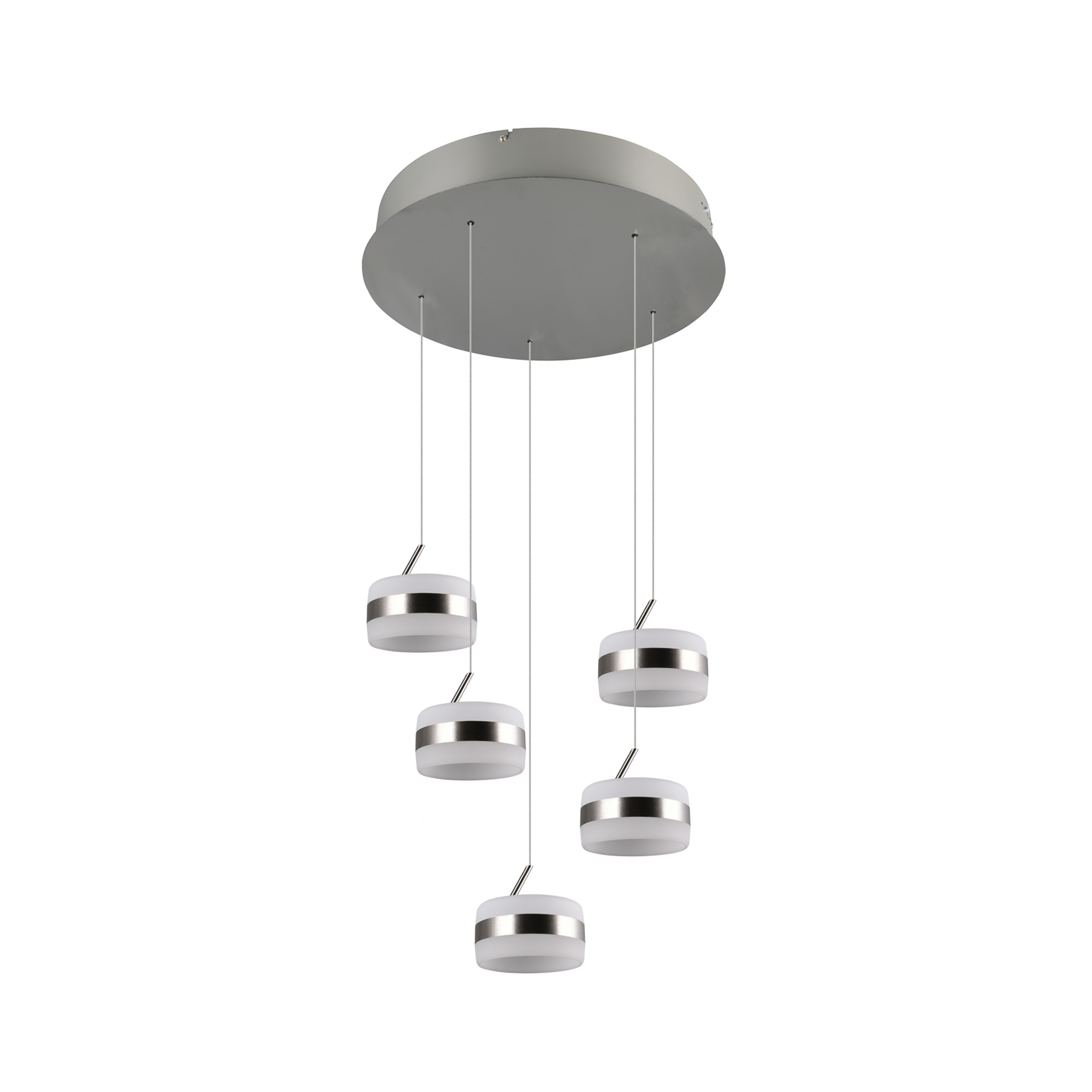 Suspension LED Dios, couleur nickel, Ø 45 cm, CCT, à 5 lampes.