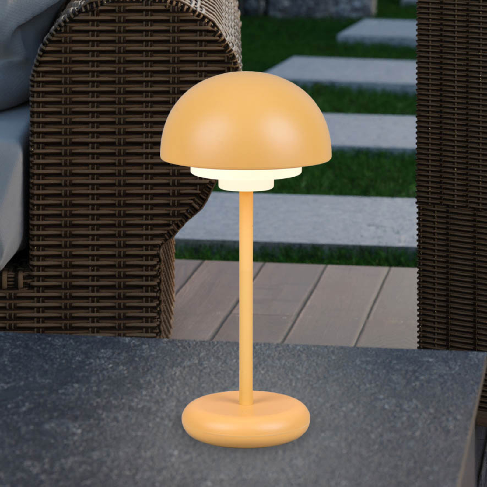 Lampada LED Elliot, IP44, accu, touchdim, giallo