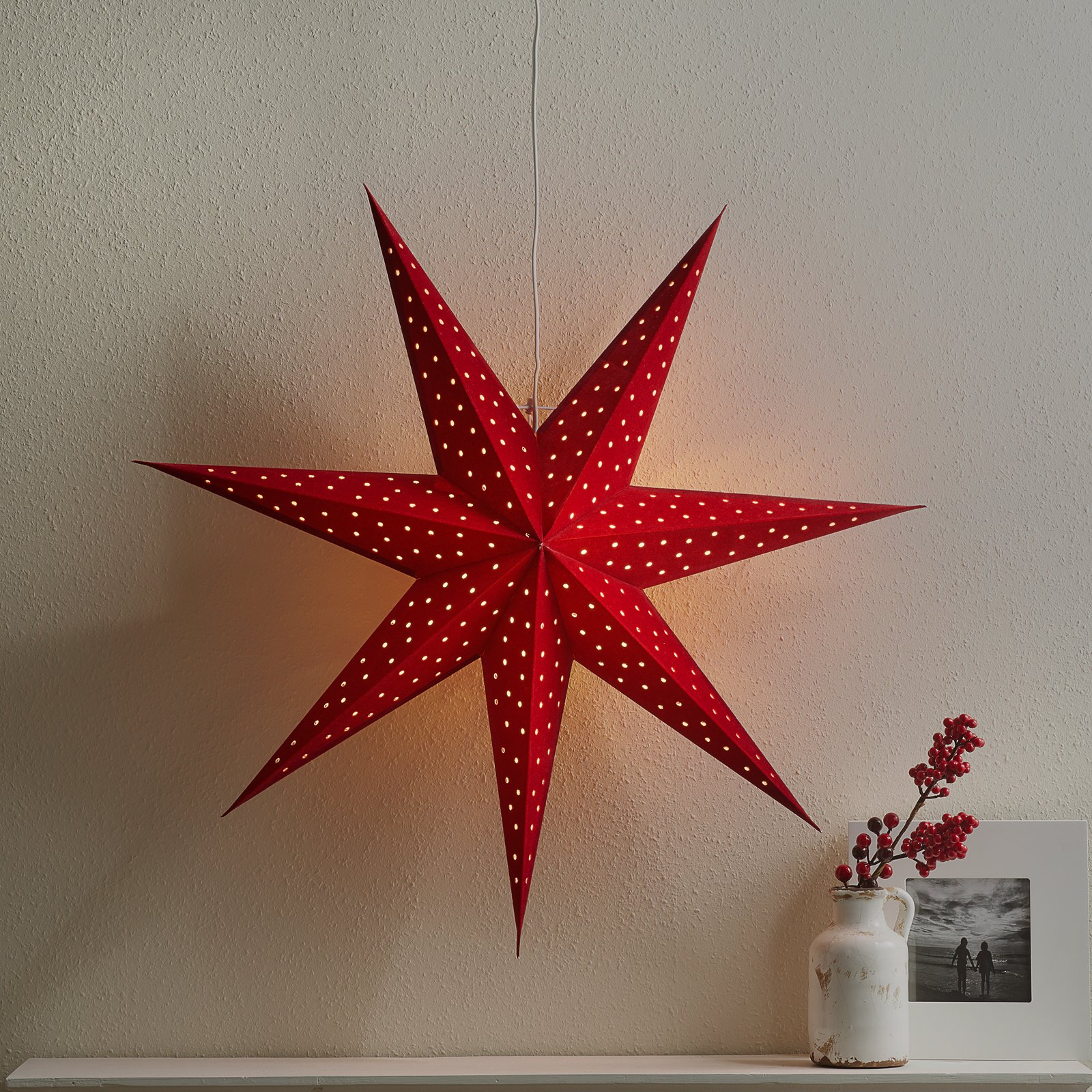 Clara em forma de estrela para pendurar, aspeto de veludo Ø 75 cm, vermelho