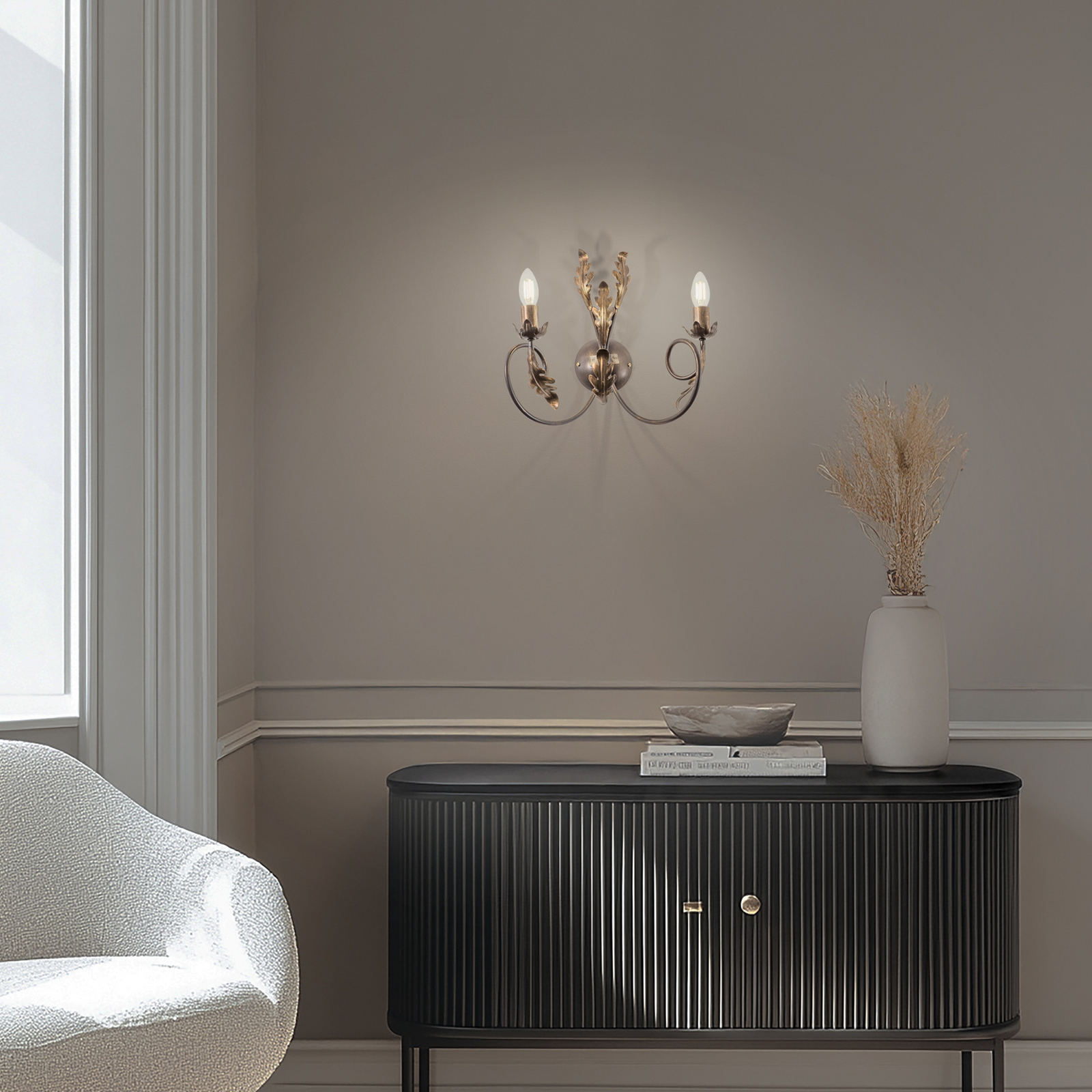 Aplique de pared Gretel, 2 luces, color bronce, metal, E14