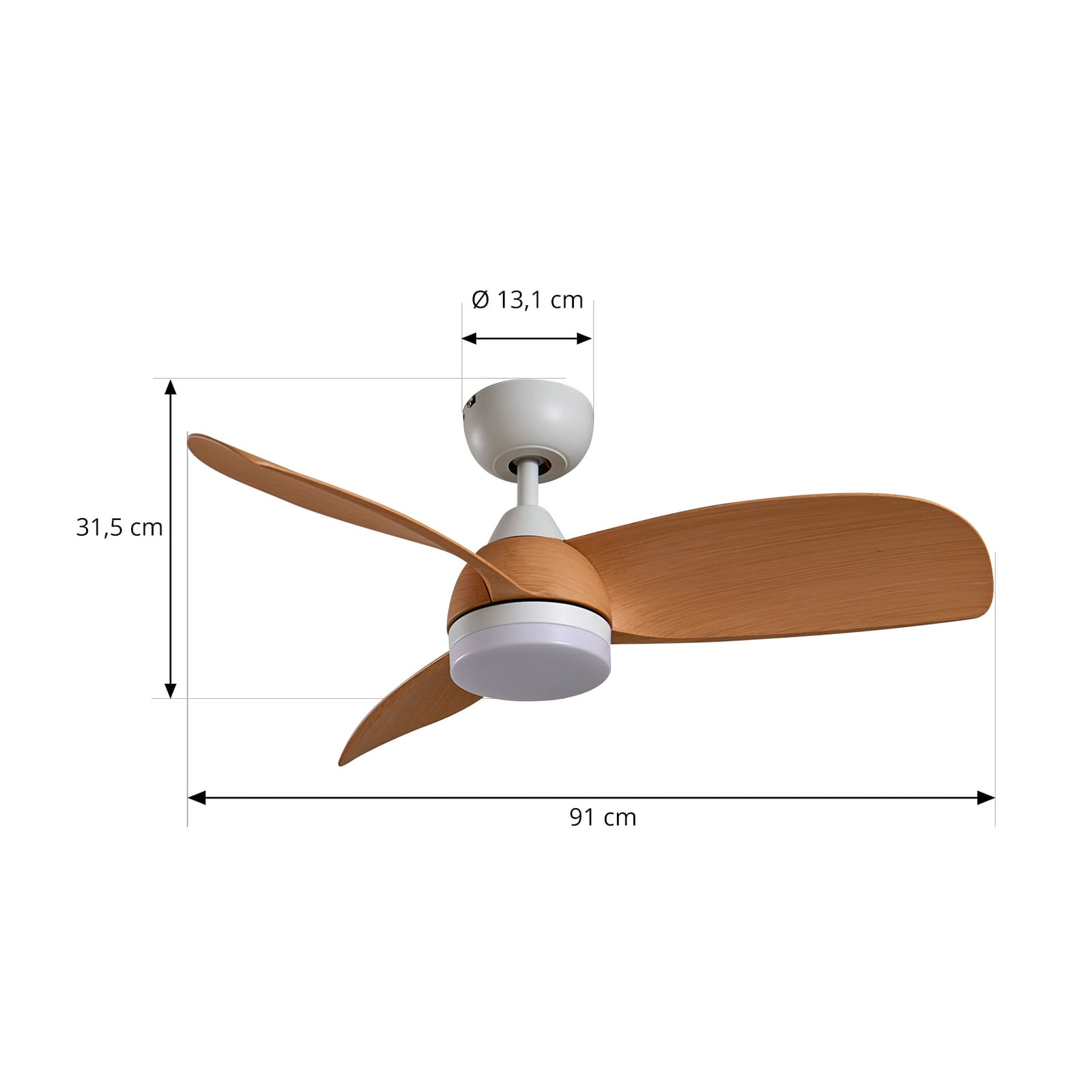 Ventilateur de plafond LED Enon, blanc/teinte bois, courant continu, silencieux