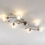 Lindby Deckenlampe Yannie, 6-flg., 106 cm, nickel/weiß, Glas