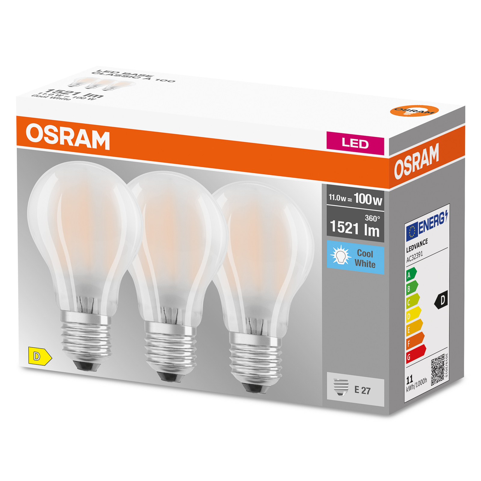 OSRAM LED-pære E27 Base CL A 11W 4 000 K matt 3stk
