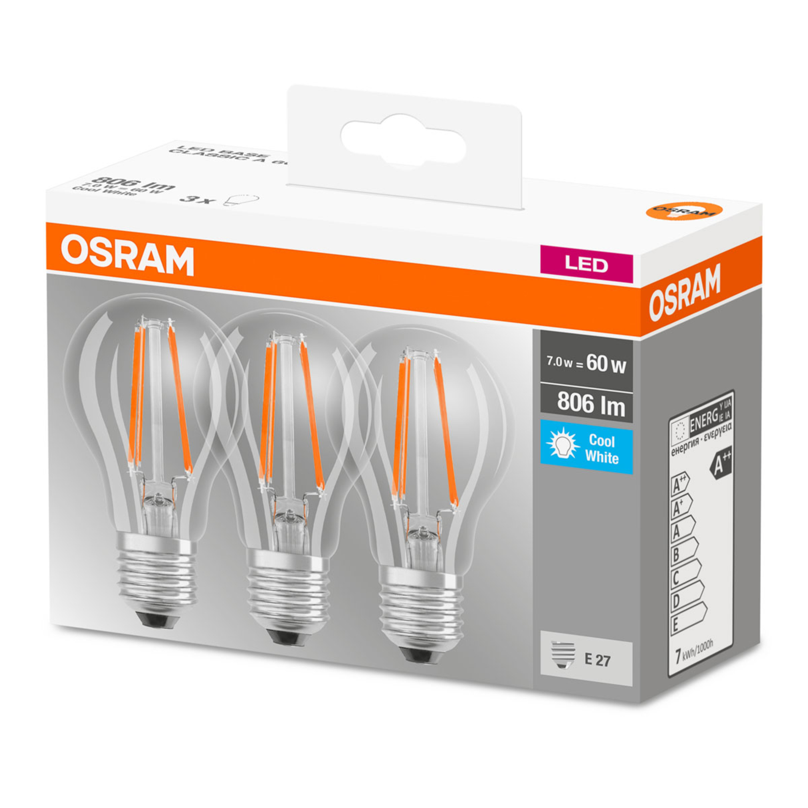 OSRAM LED лампа E27 Classic Fil. 840 6,5W прозрачна 3 бр